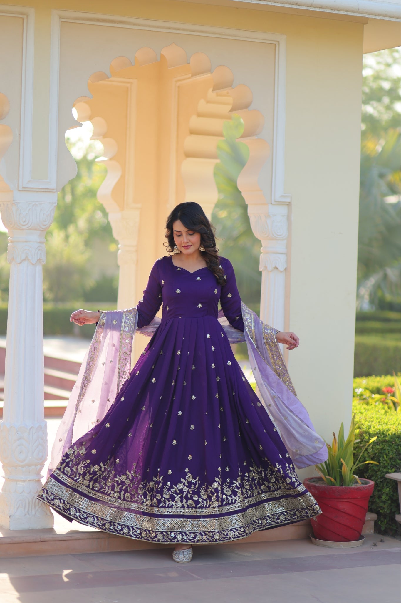 Purple Star Georgette With Embroidered Designer Gown
