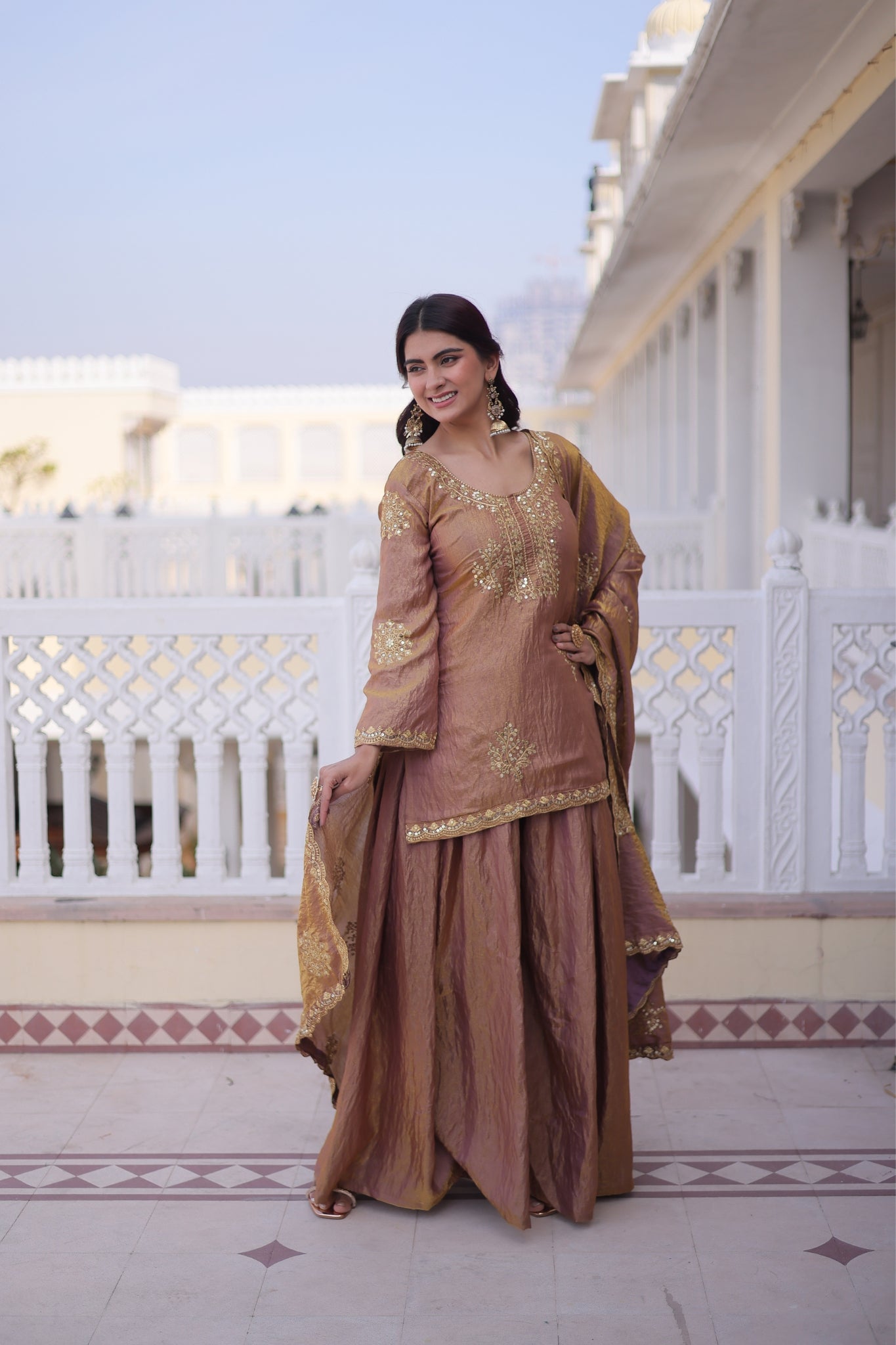 Fendi Crush Zari Sequins Embroidered Kurti Sharara Set With Designer Dupatta