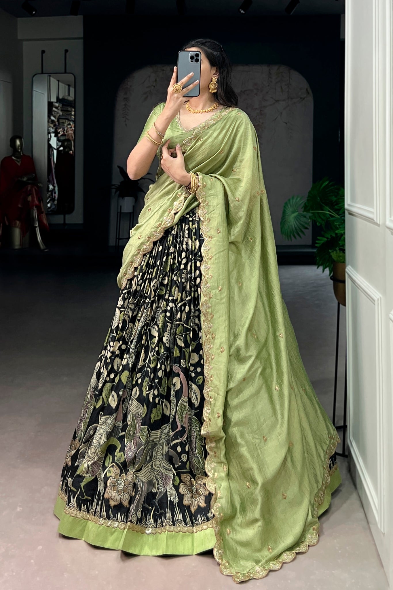 Premium Kalamkari Tasar Silk Lehenga Choli With Embroidered Dupatta