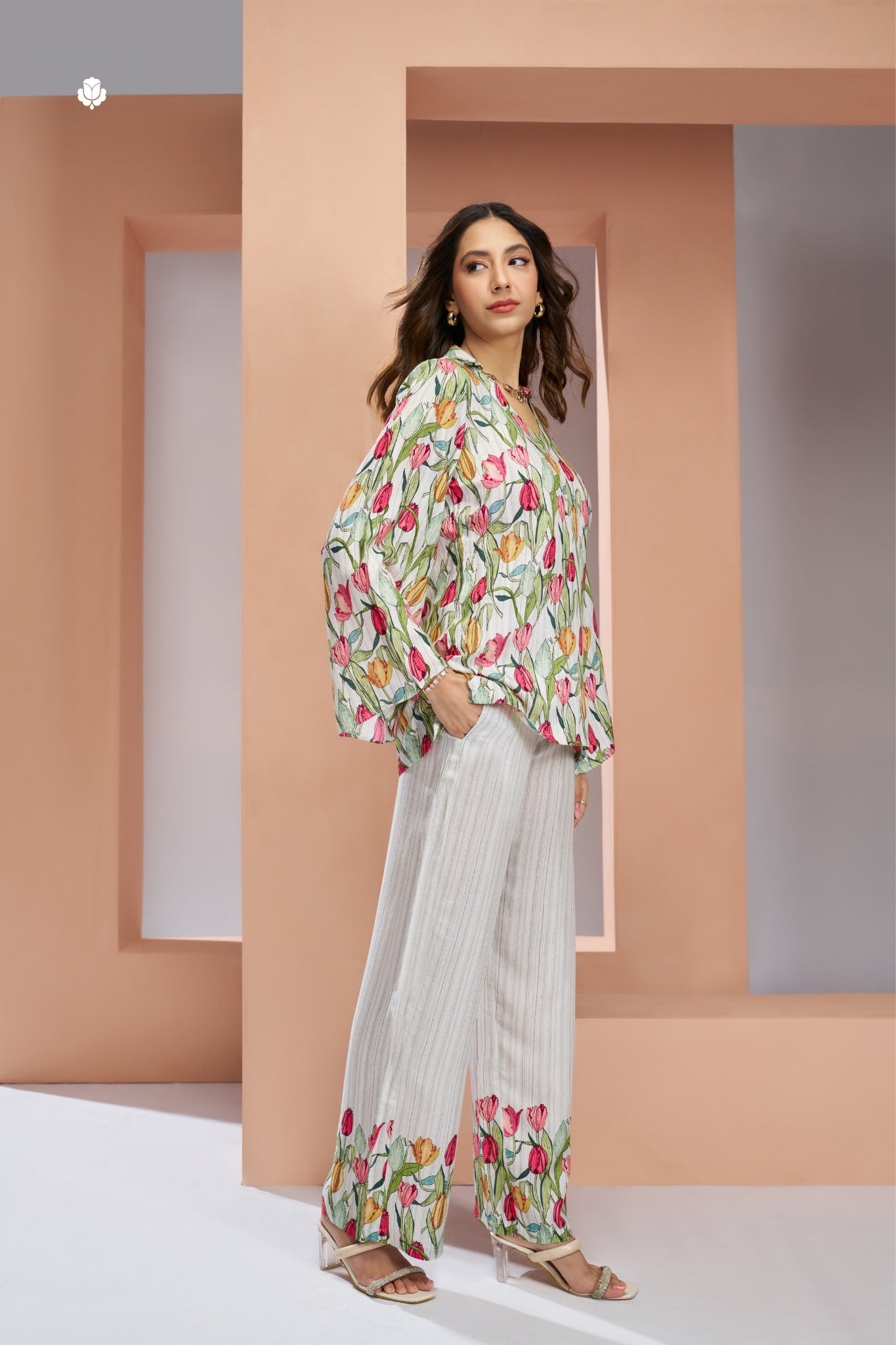 White Pure Muslin Silk Floral Co-Ord Set for Women