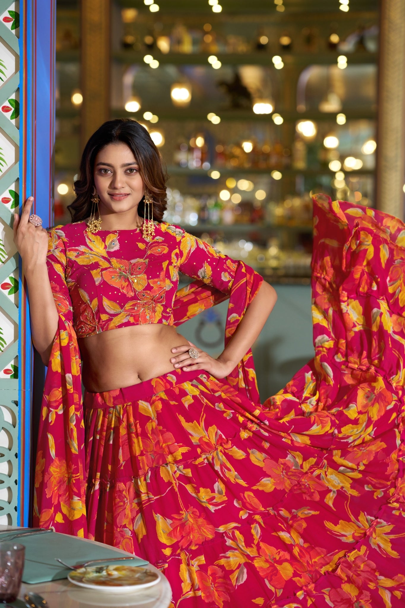 Floral Marble Print Lehenga Choli Set For Women