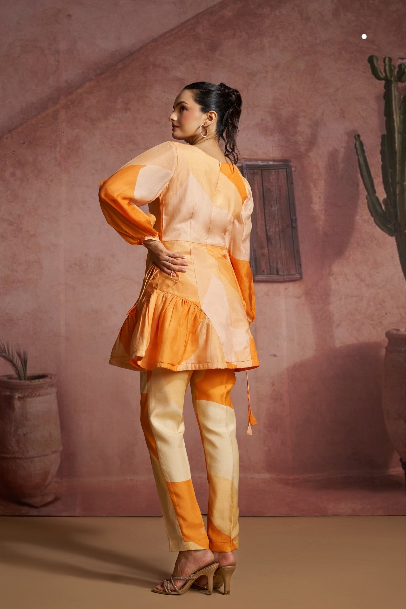 Luxury Pure Muslin Silk Abstract Orange Co Ord Set