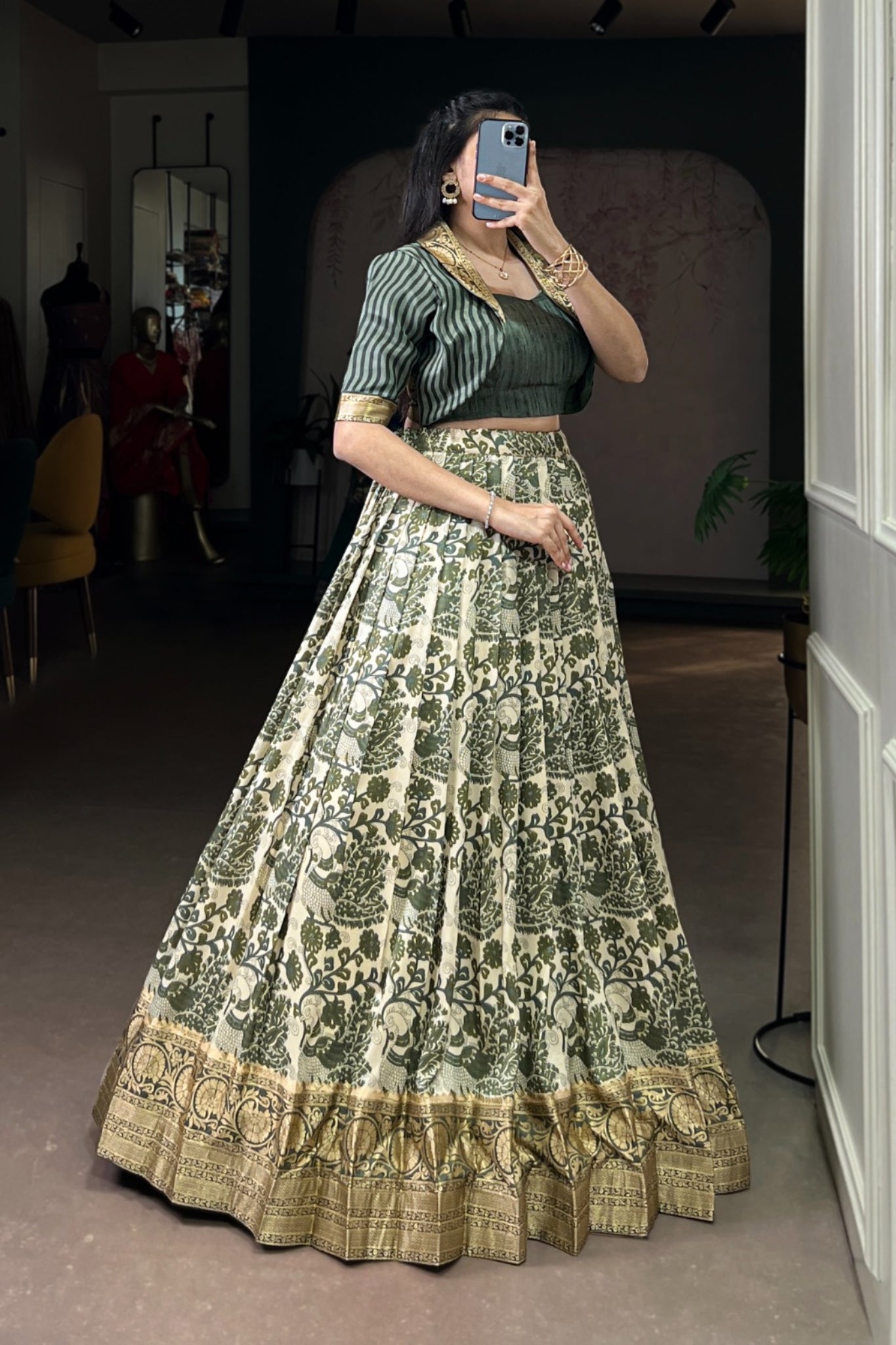 Handcrafted Tasar Silk Printed With Viscose Border Lehenga Choli