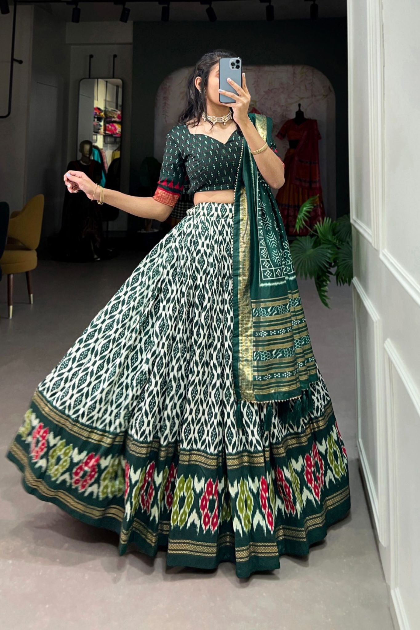 Stylish Ikkat Print Foil Work Lehenga Choli