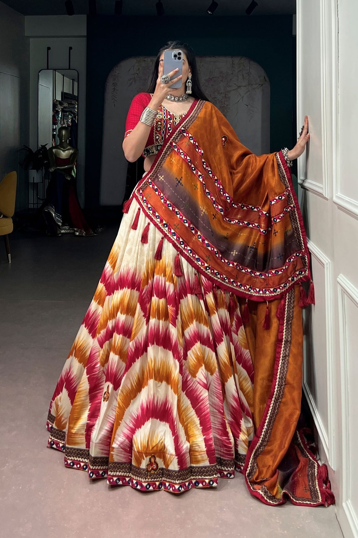 Tasar Silk Tie & Dye With Gamthi Work Navratri Lehenga Choli