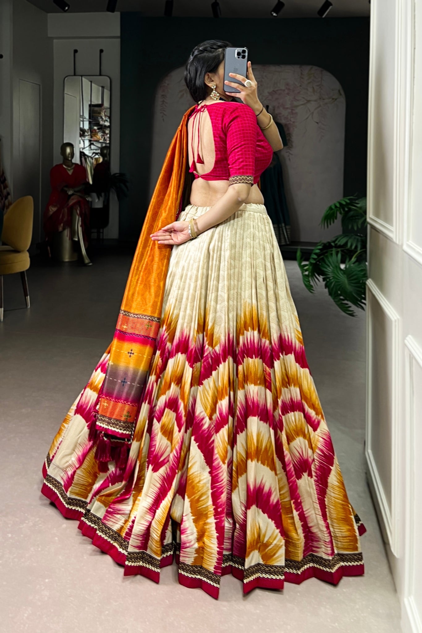 Tasar Silk Tie Dye Lehenga Set With Printed Dupatta And Chex Blouse