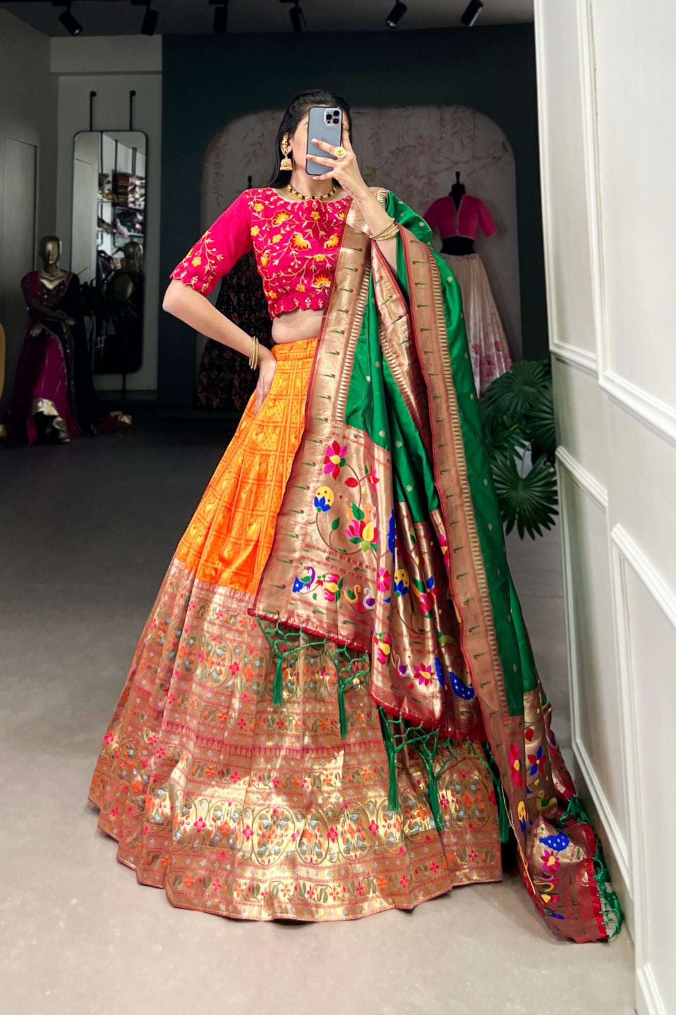 Orange Color Jacquard Fabric Paithani Lehenga Choli For Women