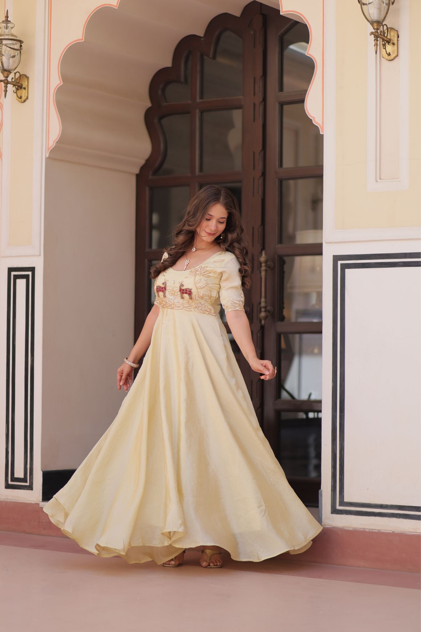 Gold Crush Beads Embroidered Work Crafted Designer Gown