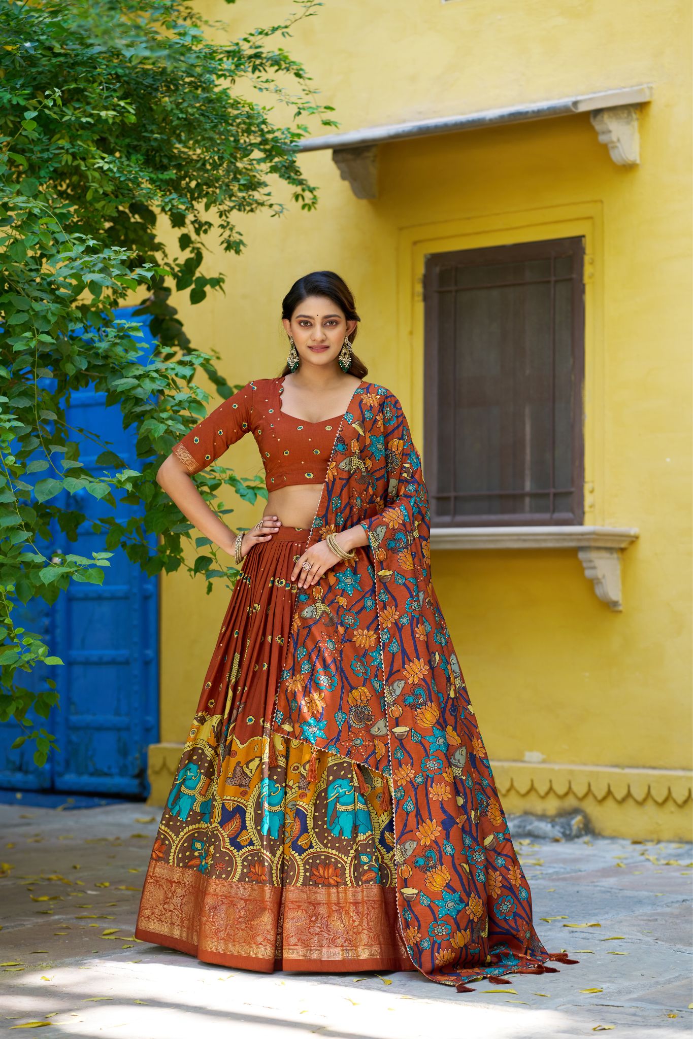 Kalamkari Print With Foil Work Lehenga Choli