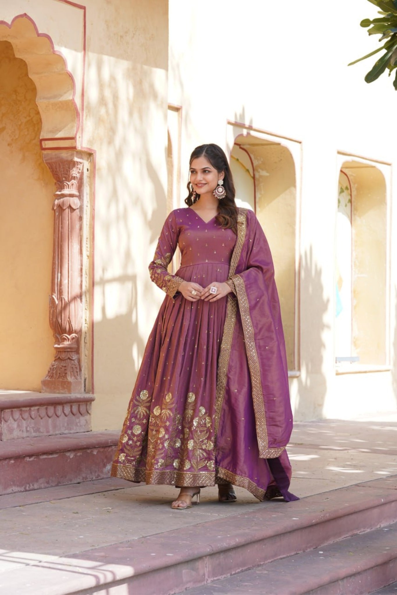 Viscose Embroidery Zari Sequins Work Gown With Dupatta Set