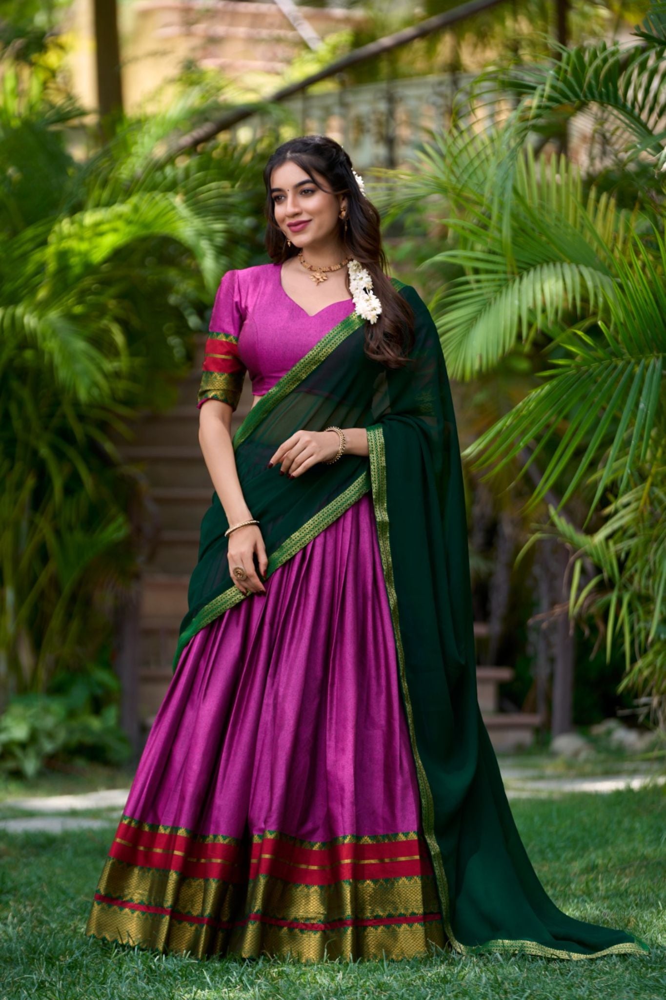 Elegant Traditional Zari Border Lehengas with Contrasting Dupattas Perfect for Festive & Wedding Occasions