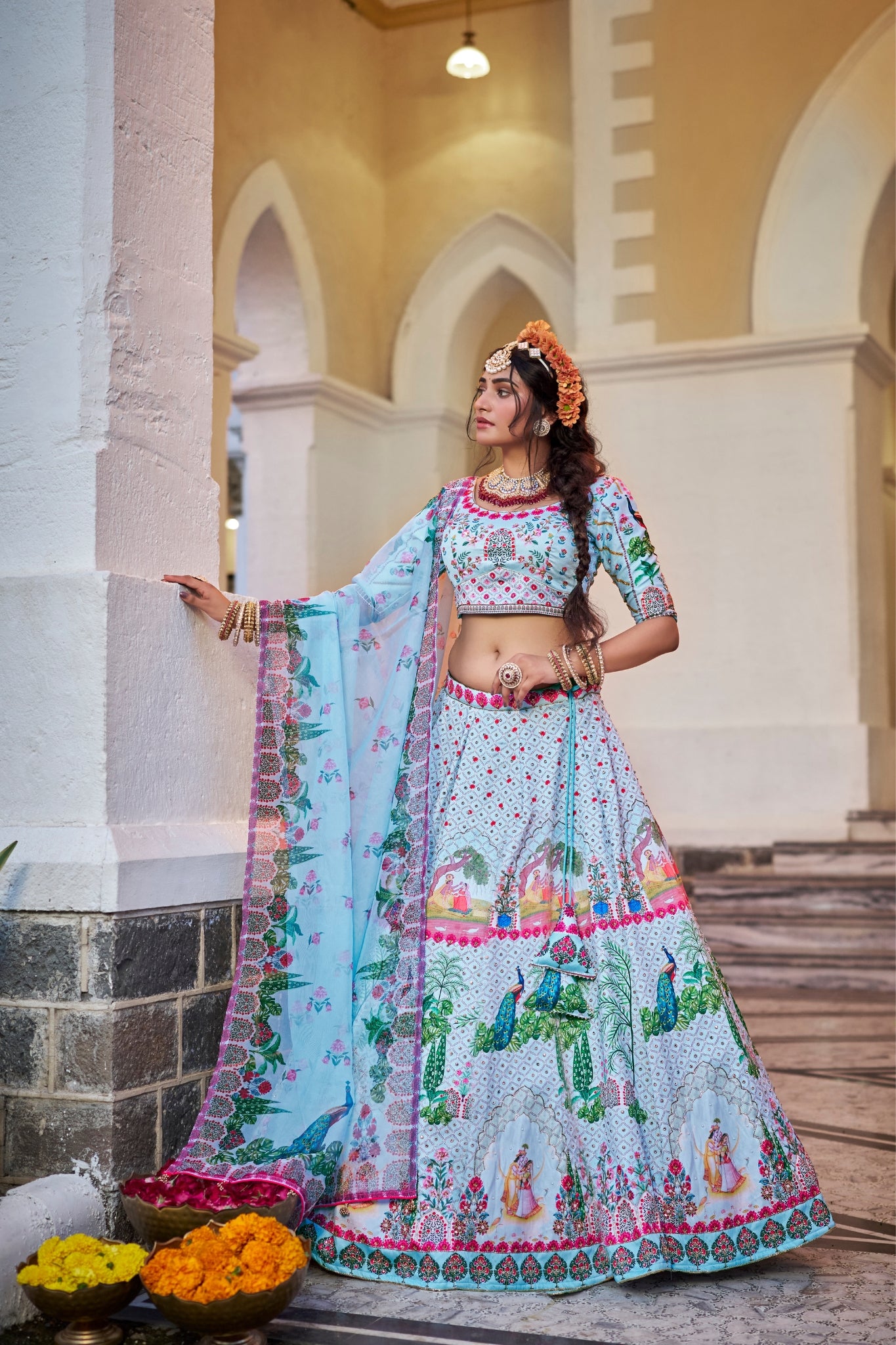 Elegant Powder Blue Art Silk Heritage Lehenga Set