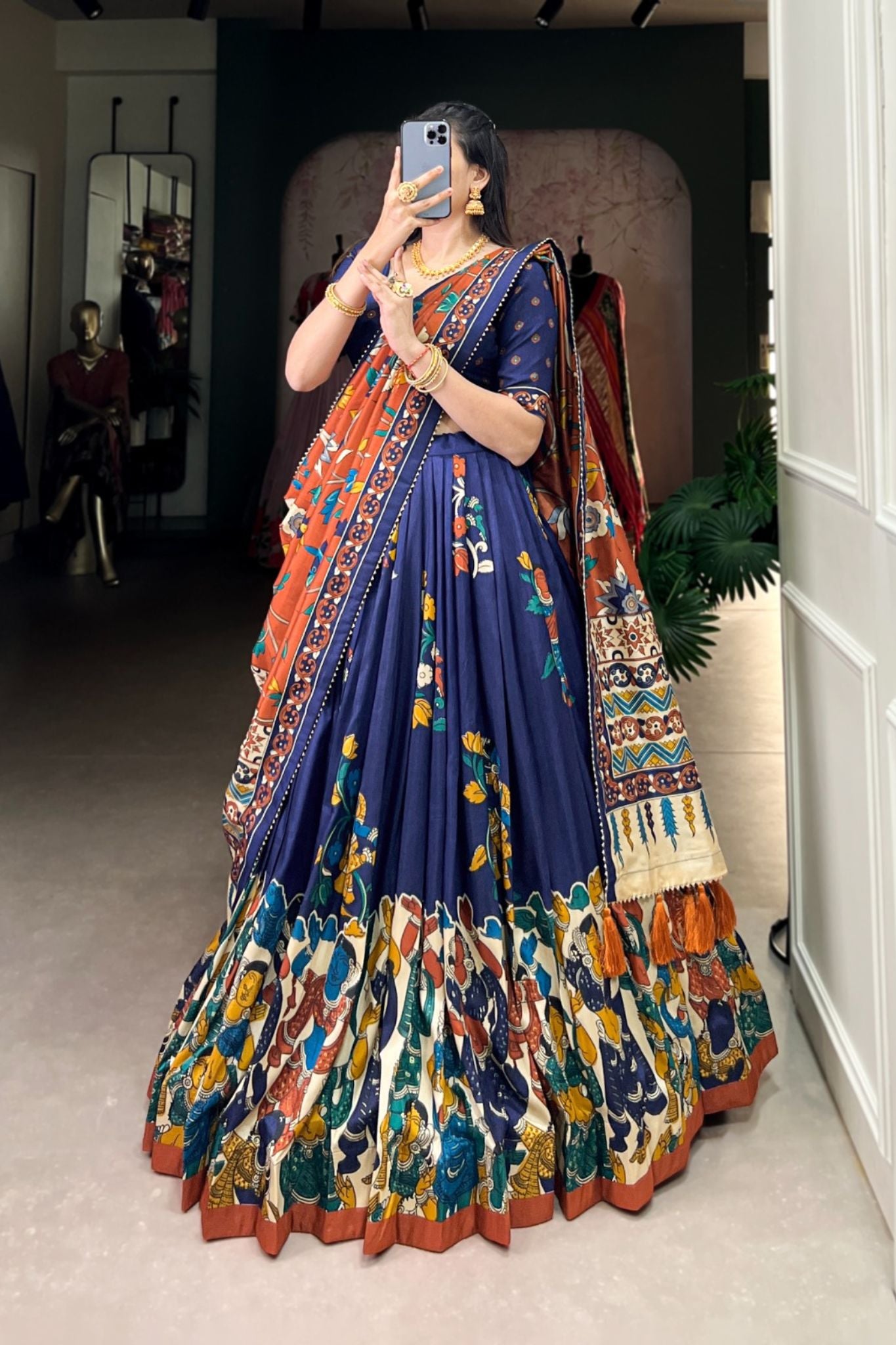 Kalamkari Printed Tussar Silk  Traditional Lehenga Choli