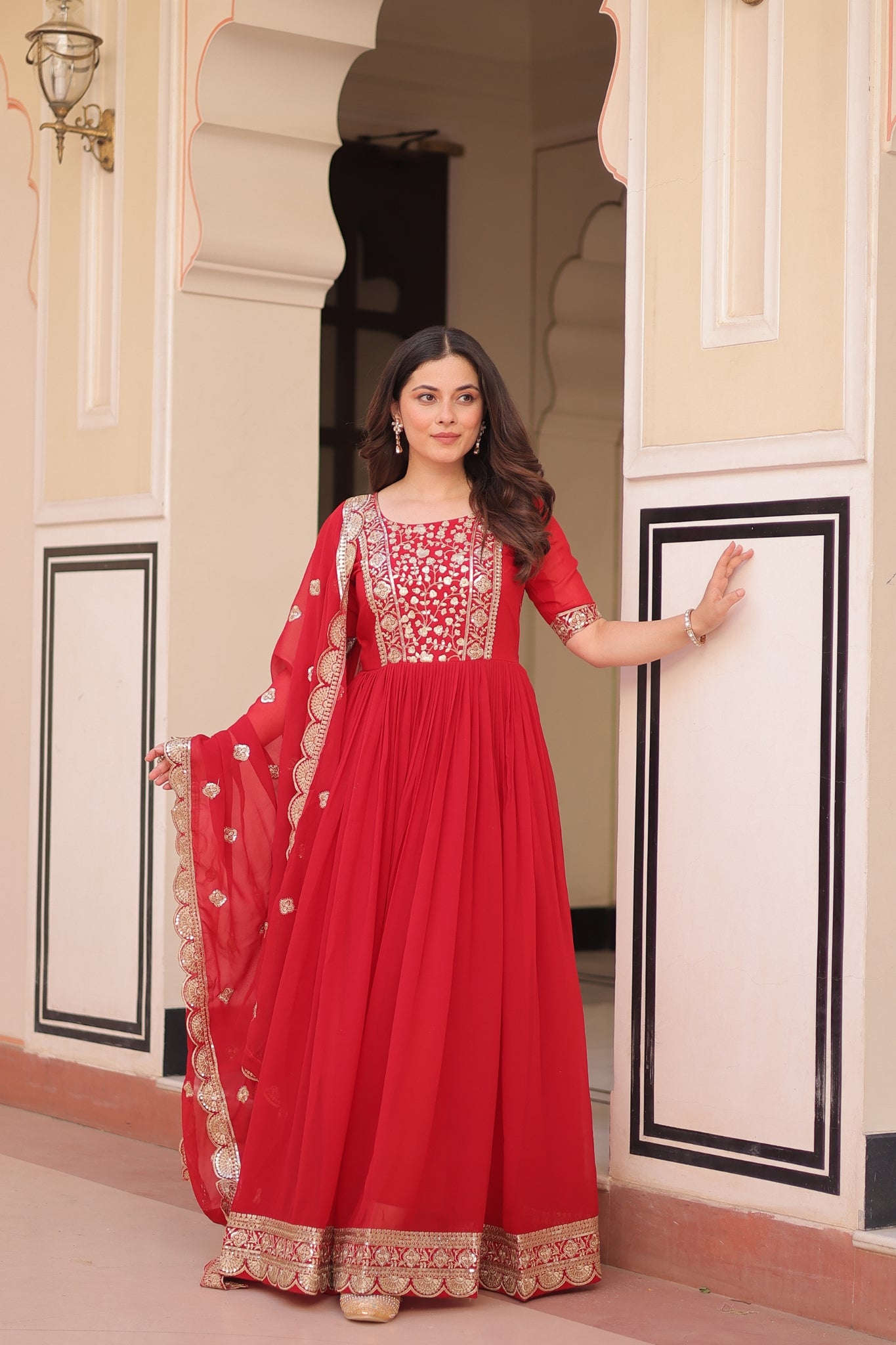 Embroidery Zari Sequins Work Designer Gown With Dupatta Set