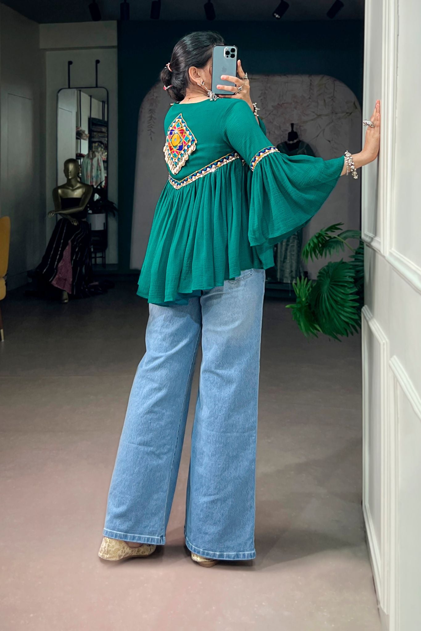 Raasrang Women's Emerald Green Navratri Designer Garba Glam Top