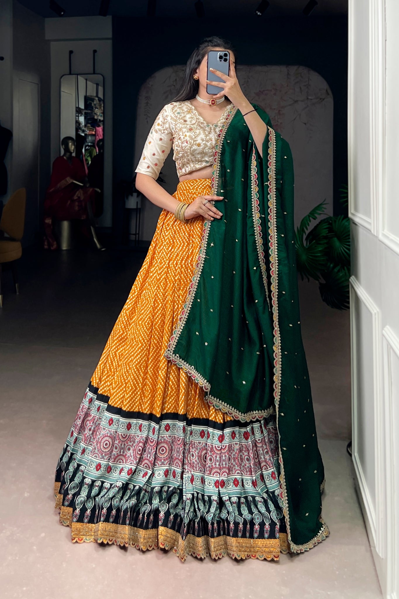 Bandhej Ajrakh Printed Lehenga Choli With Dupatta