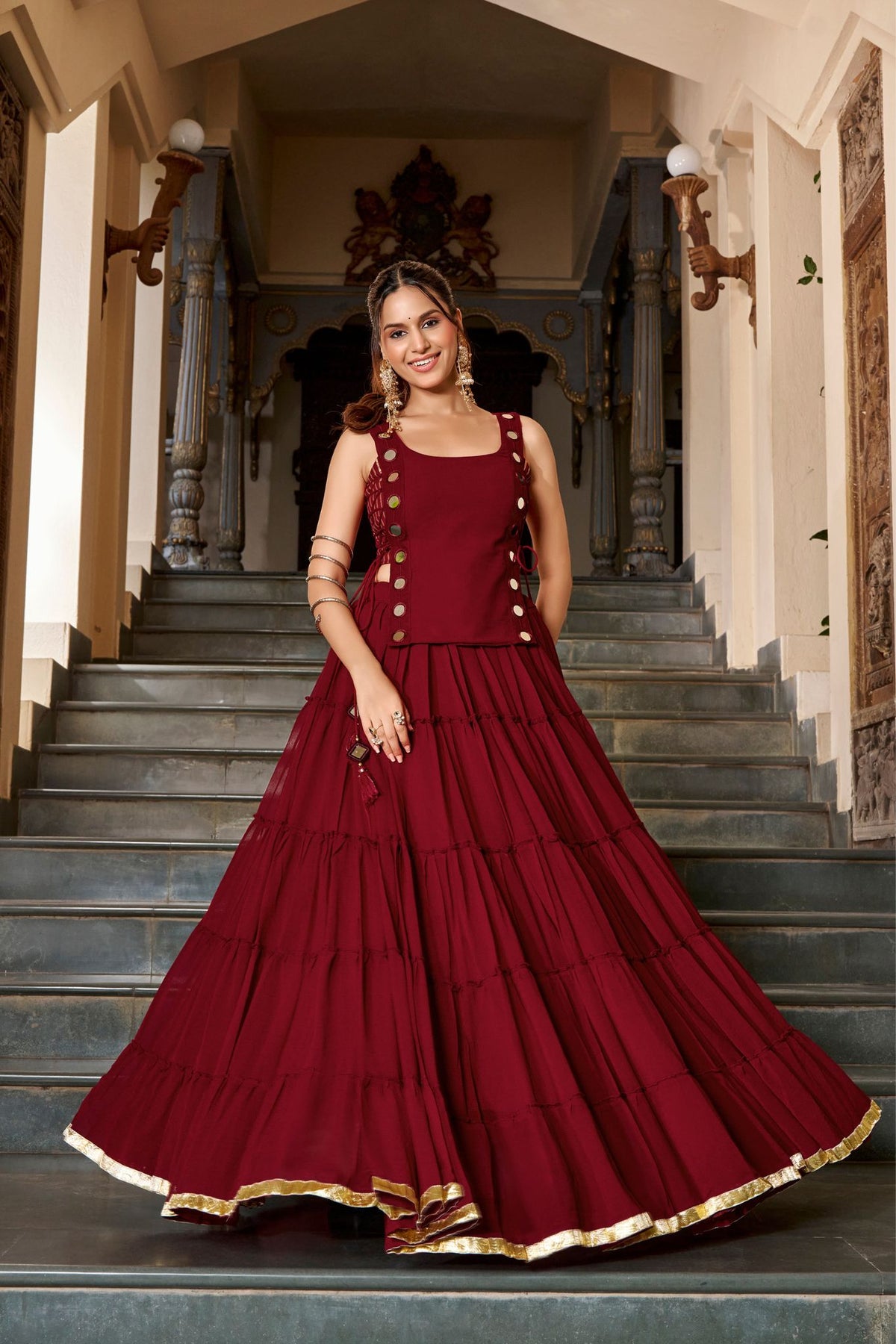 14 Meter Full Gher Navratri Showstopper Lehenga Choli With Mirror Koti