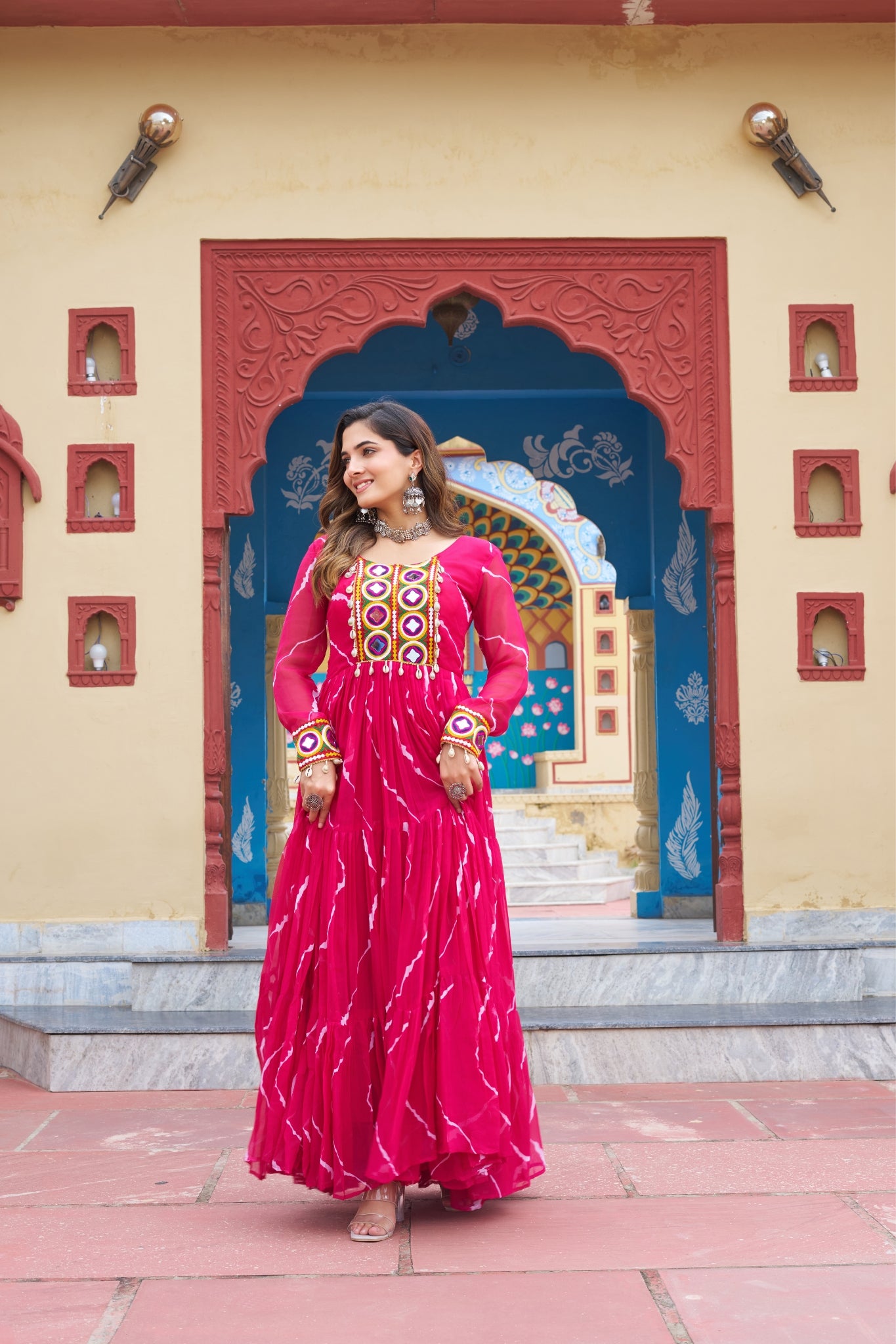 Stunning Laheriya Print With Kutchi Patch Work Georgette Stylish Navratri Gown