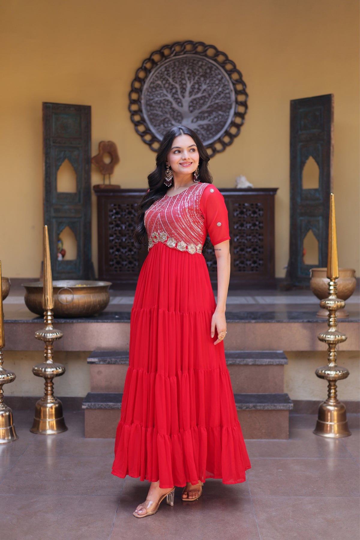 Rani Pink & Red Faux Blooming Designer Sequins Embroidered Tiered Flared Anarkali Gown