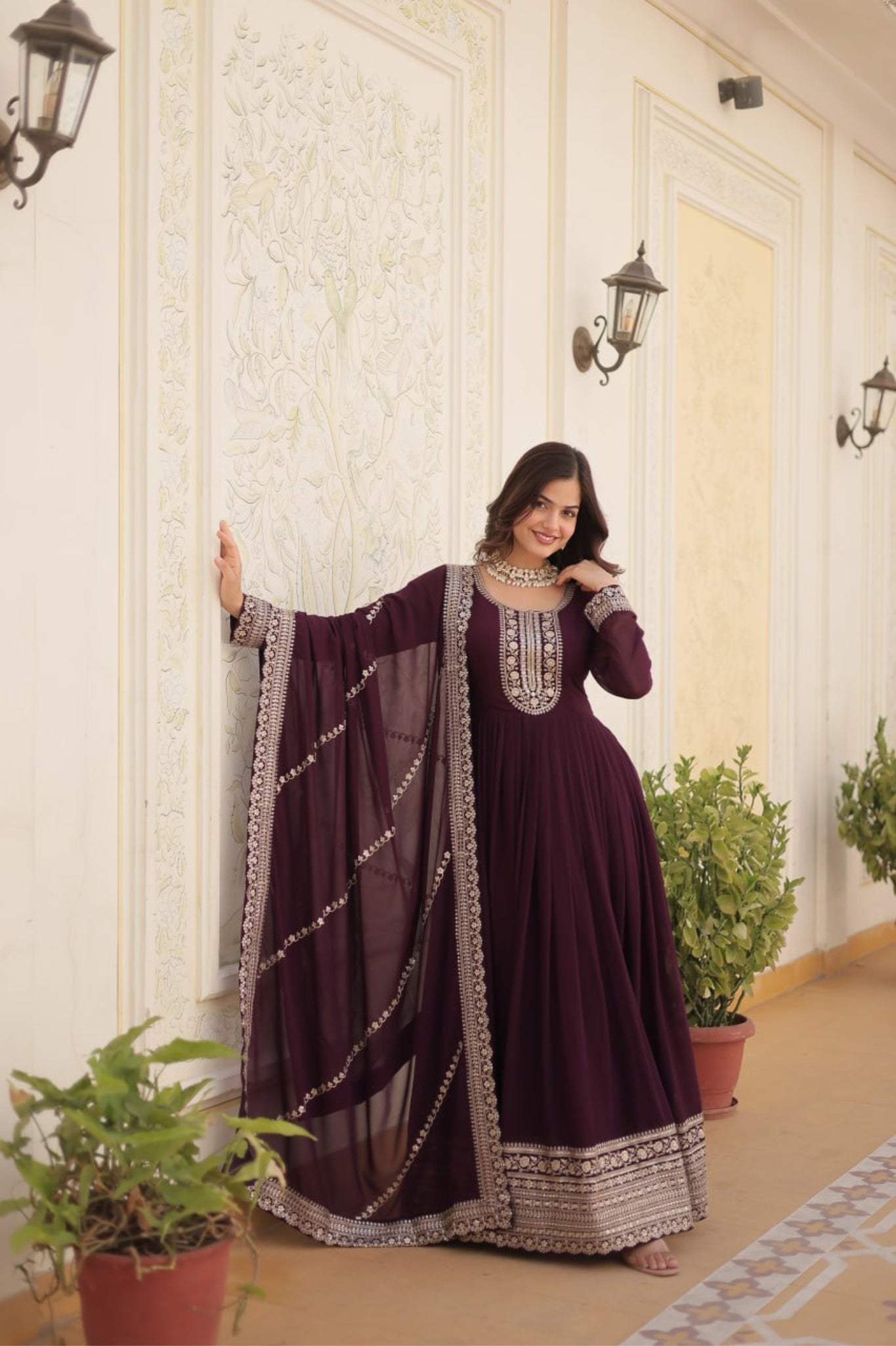 Designer Sequins Embroidered Work Stylish Gown With Dupatta Set