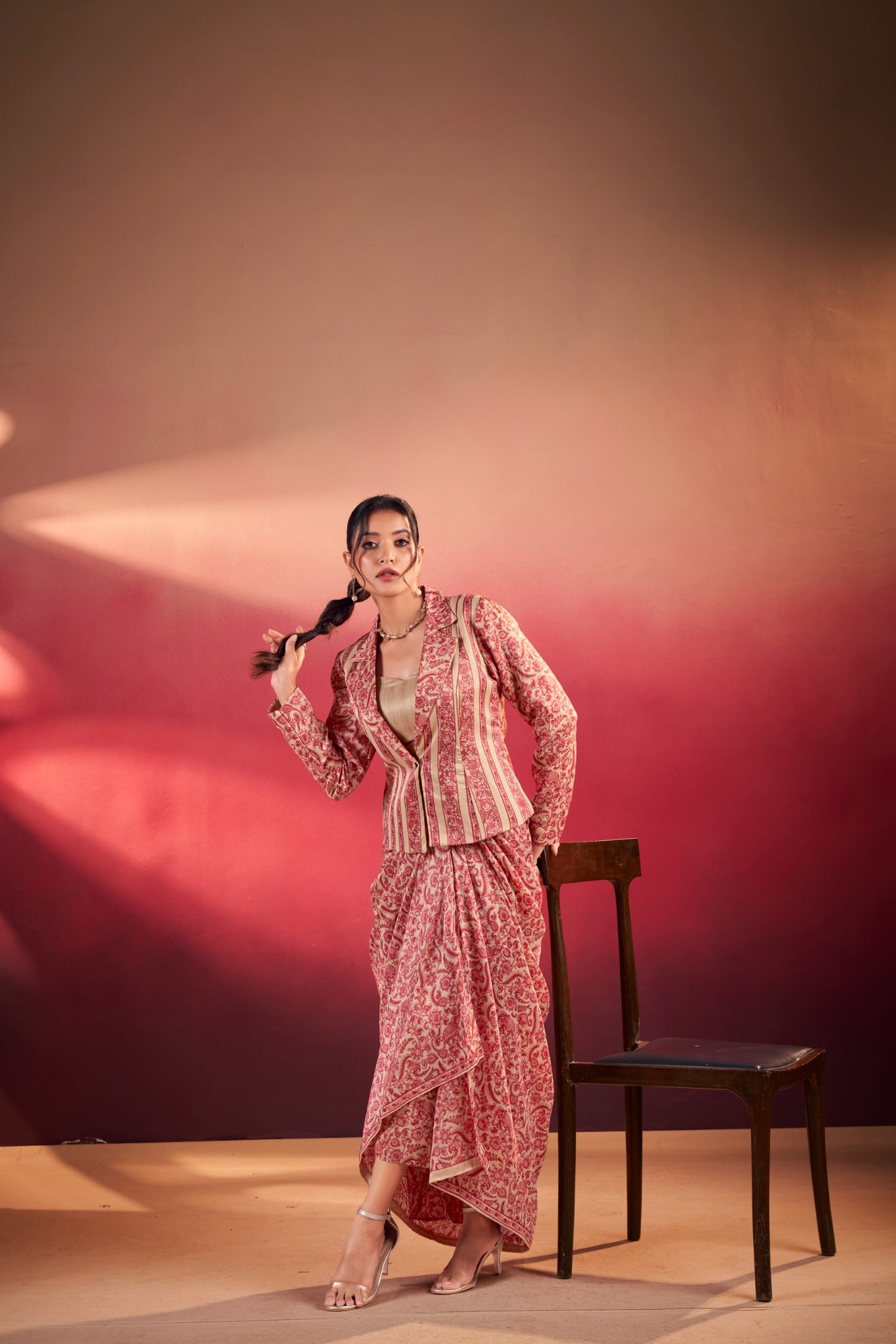 Premium Printed Tasar Silk Co-Ord Set With Draped Skirt & Tailored Jacket