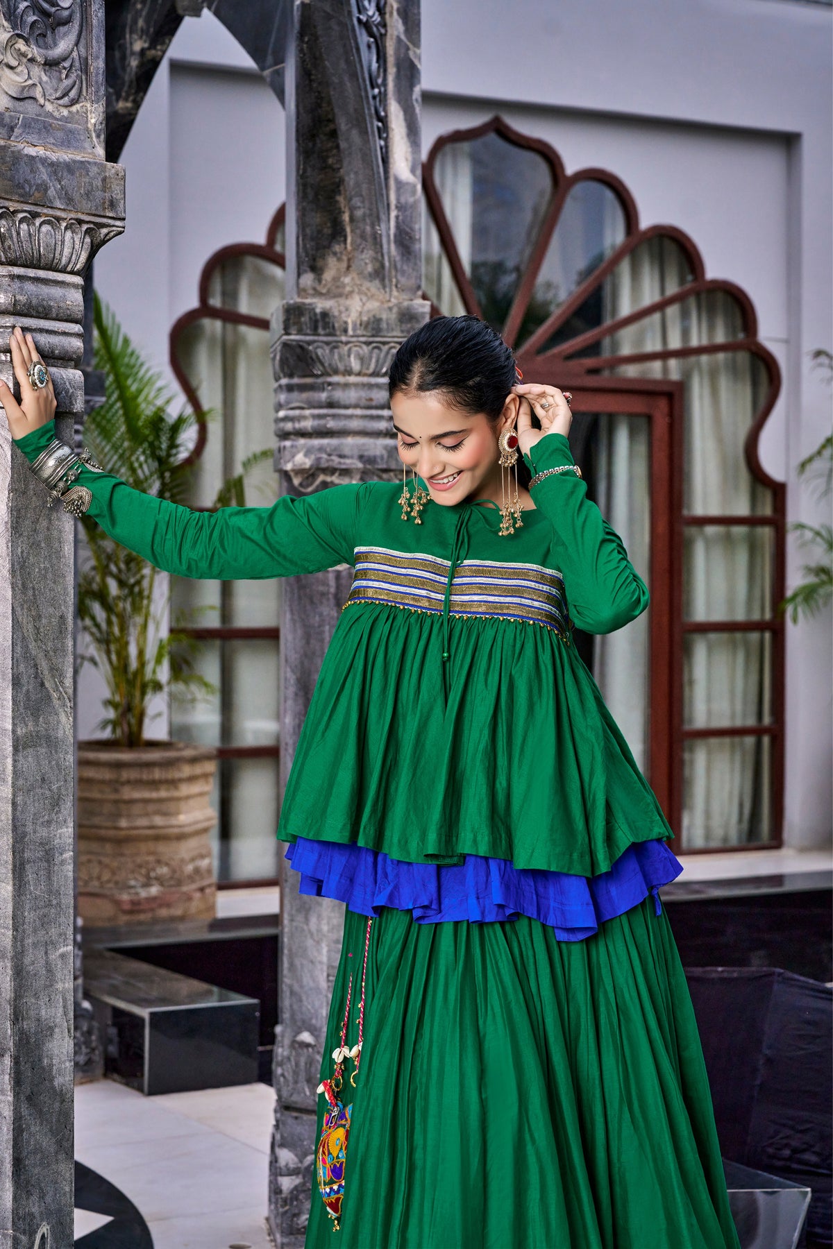 Green & Royal Blue Ruffle Tiered Pure Cotton Designer Navratri Garba Chaniya Choli