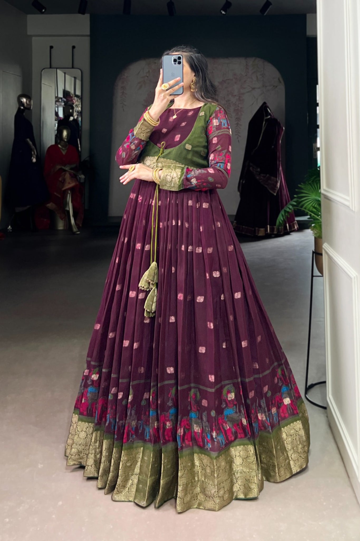 Kalamkari Printed Poly Cotton Zari Weaving Work Designer Gown