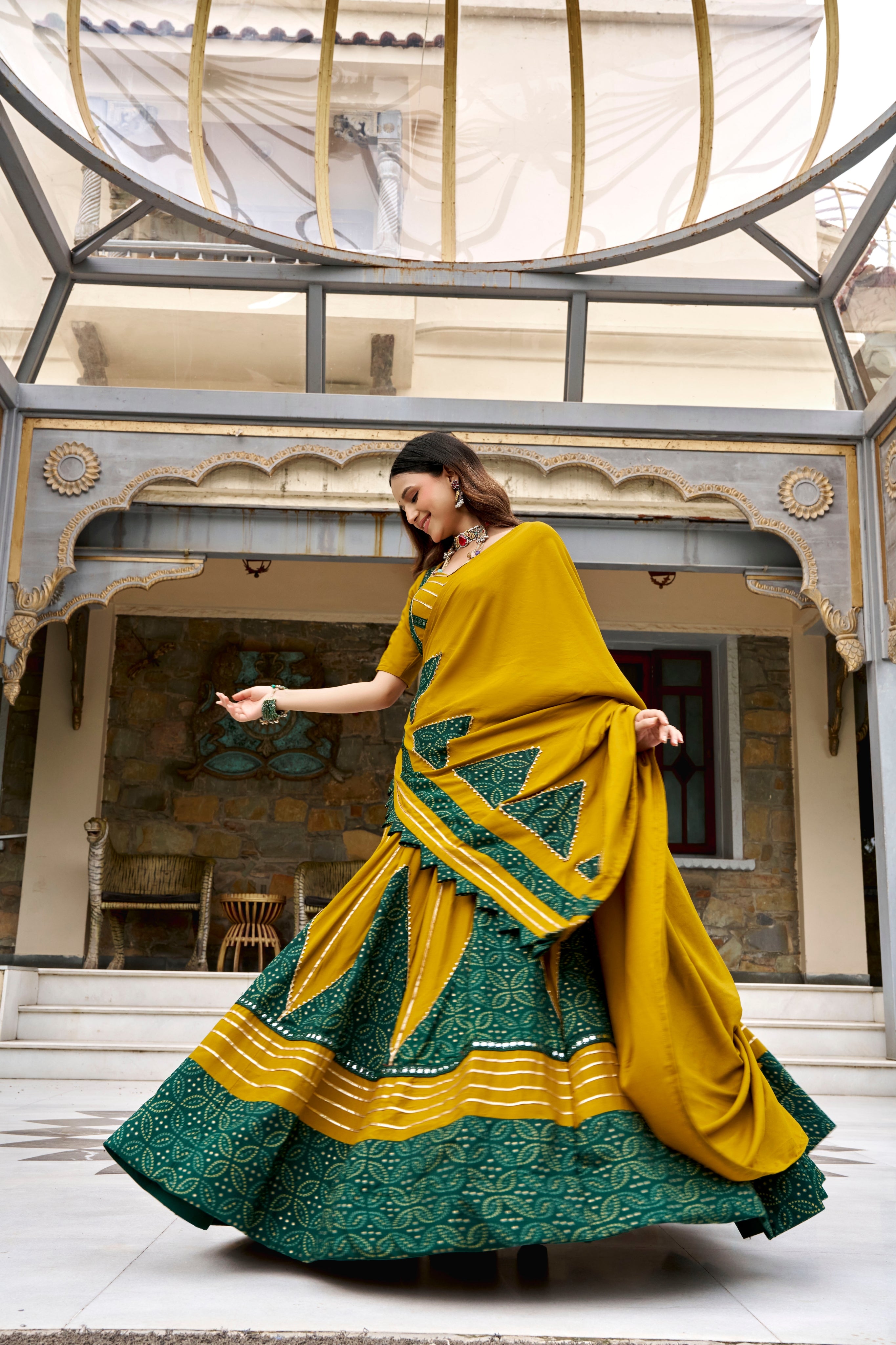 Raasrang Mustard Yellow & Bottle Green Pure Rayon Gotta Patti Mirror Work Lehenga Choli
