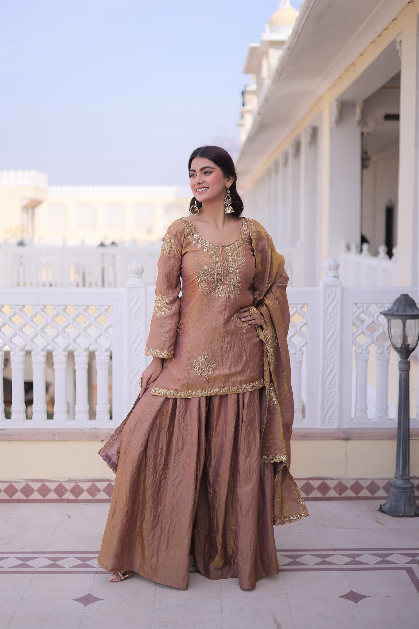 Fendi Crush Zari Sequins Embroidered Kurti Sharara Set With Designer Dupatta