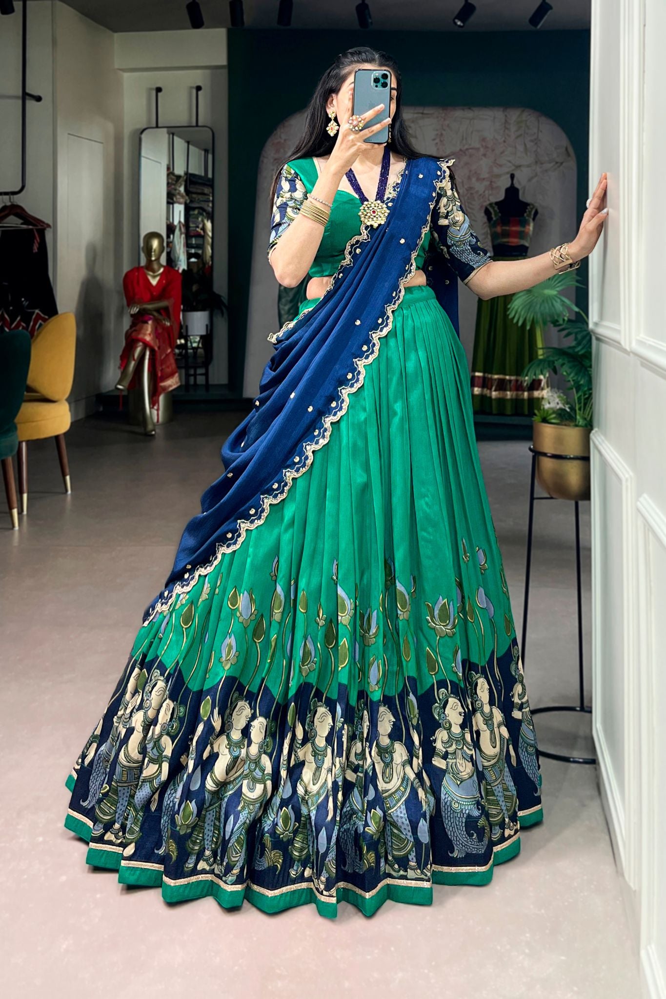 Designer Tasar Silk Kalamkari Print Wedding And Festive Lehenga Choli