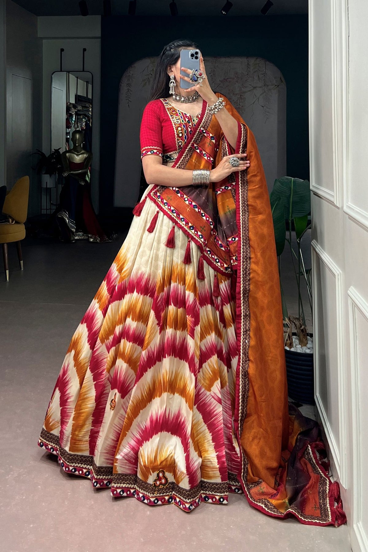 Tasar Silk Tie & Dye With Gamthi Work Navratri Lehenga Choli