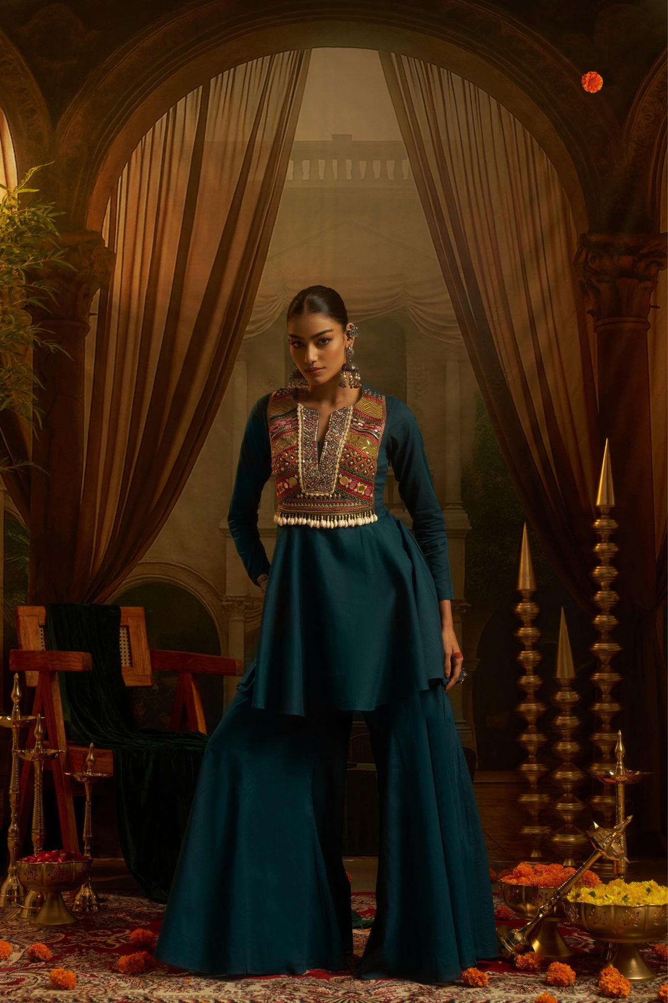 Teal Blue Hand Embroidered Peplum Sharara Set For Women