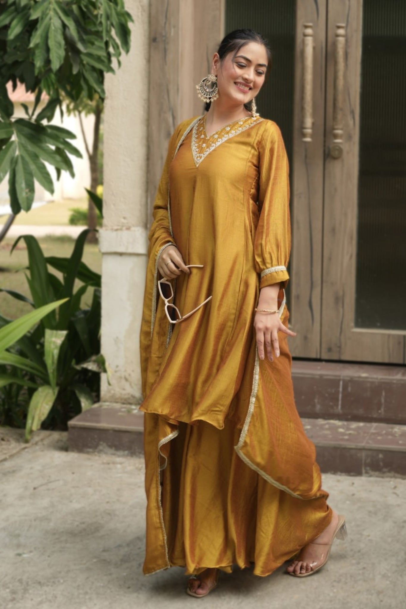 Royal V-Neck Embroidered Palazzo Suit Set With Designer Dupatta For Festive And Wedding Wear