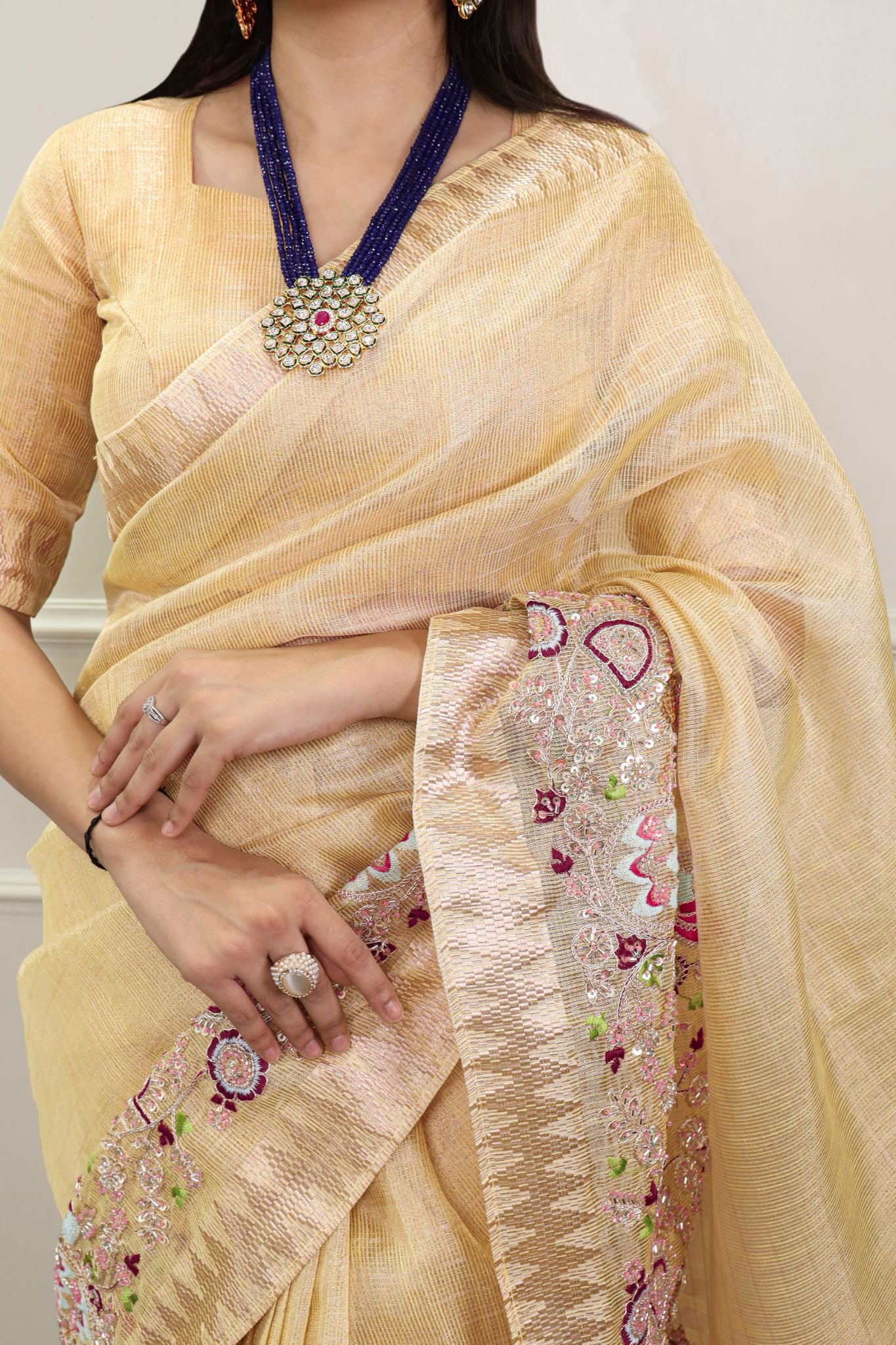 Premium Zari Kota Tissue Saree | Embroidery Beads Work Zari Weaving Border