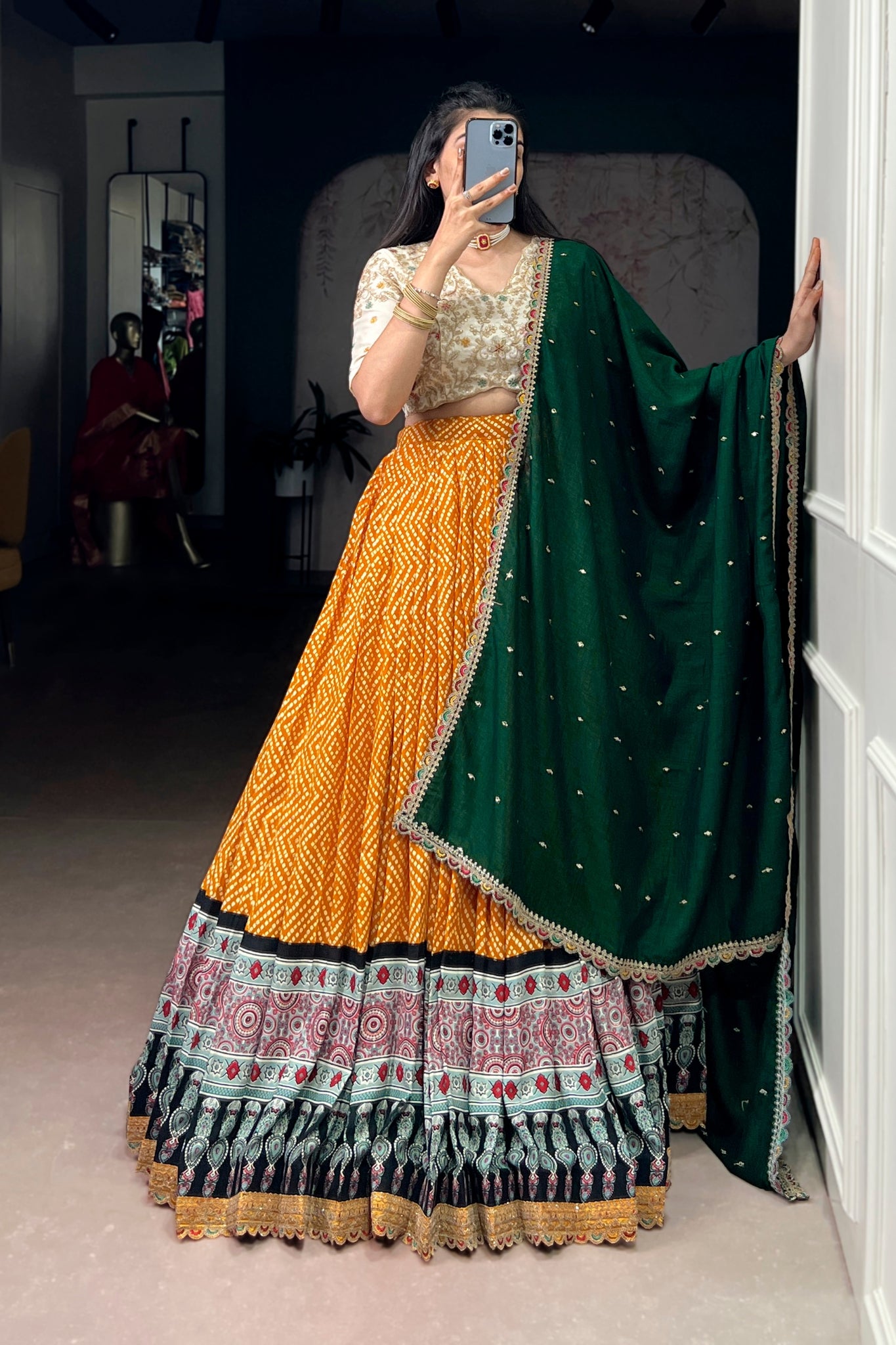 Bandhej Ajrakh Printed Lehenga Choli With Dupatta