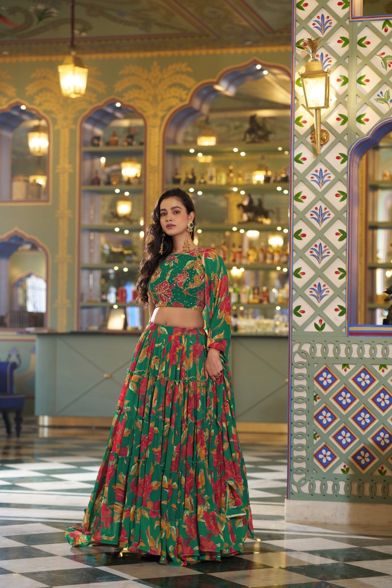 Floral Marble Print Lehenga Choli Set For Women