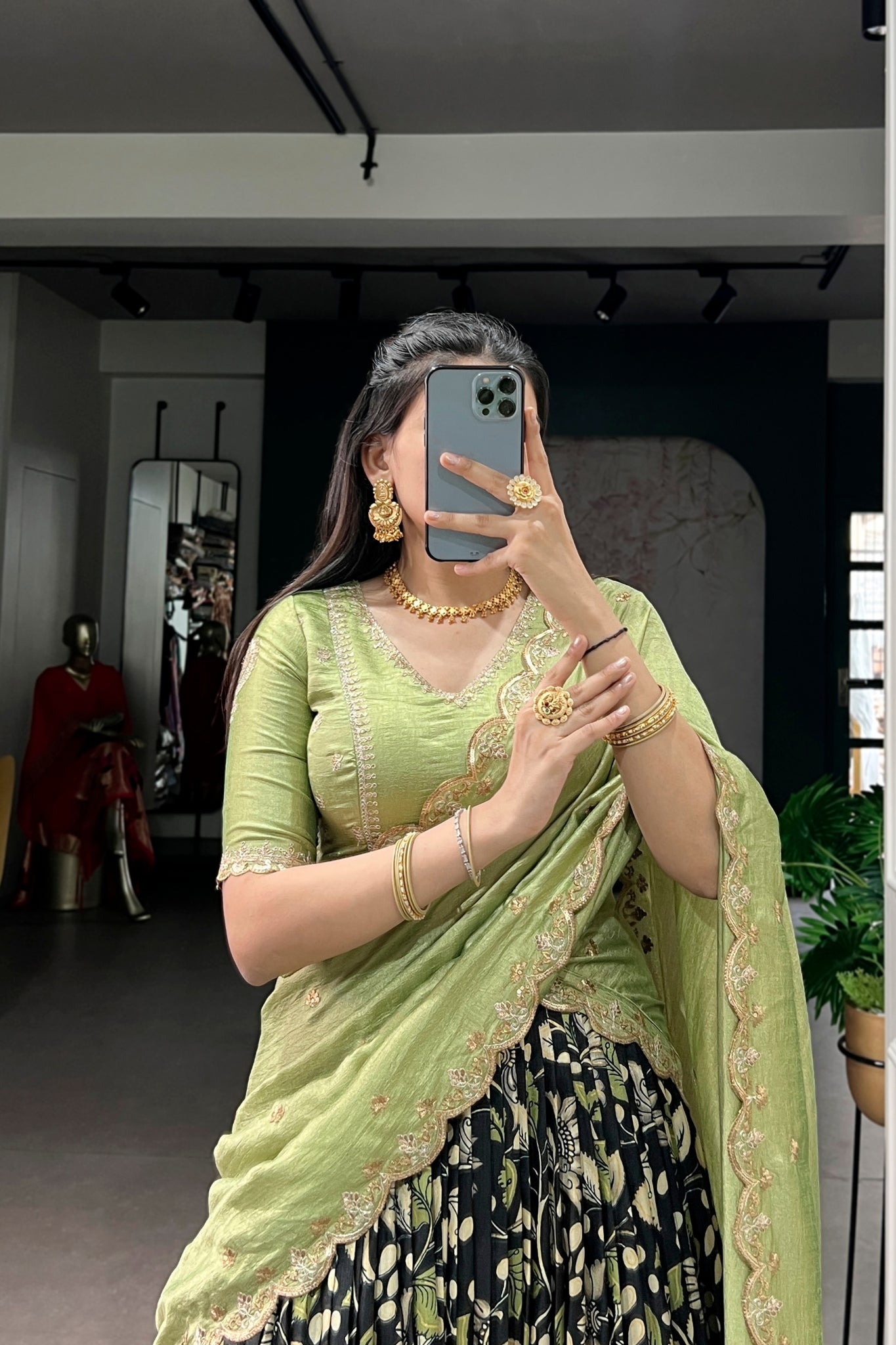 Premium Kalamkari Tasar Silk Lehenga Choli With Embroidered Dupatta