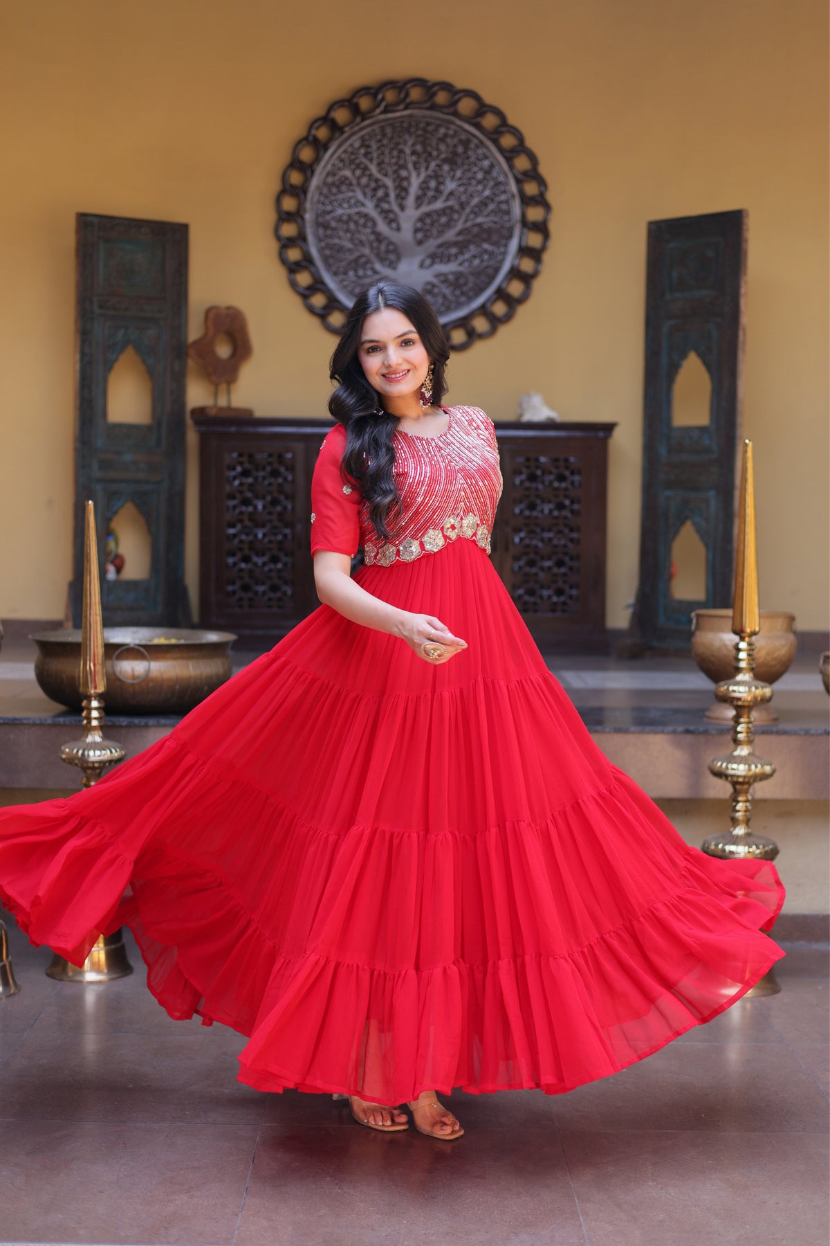 Rani Pink & Red Faux Blooming Designer Sequins Embroidered Tiered Flared Anarkali Gown