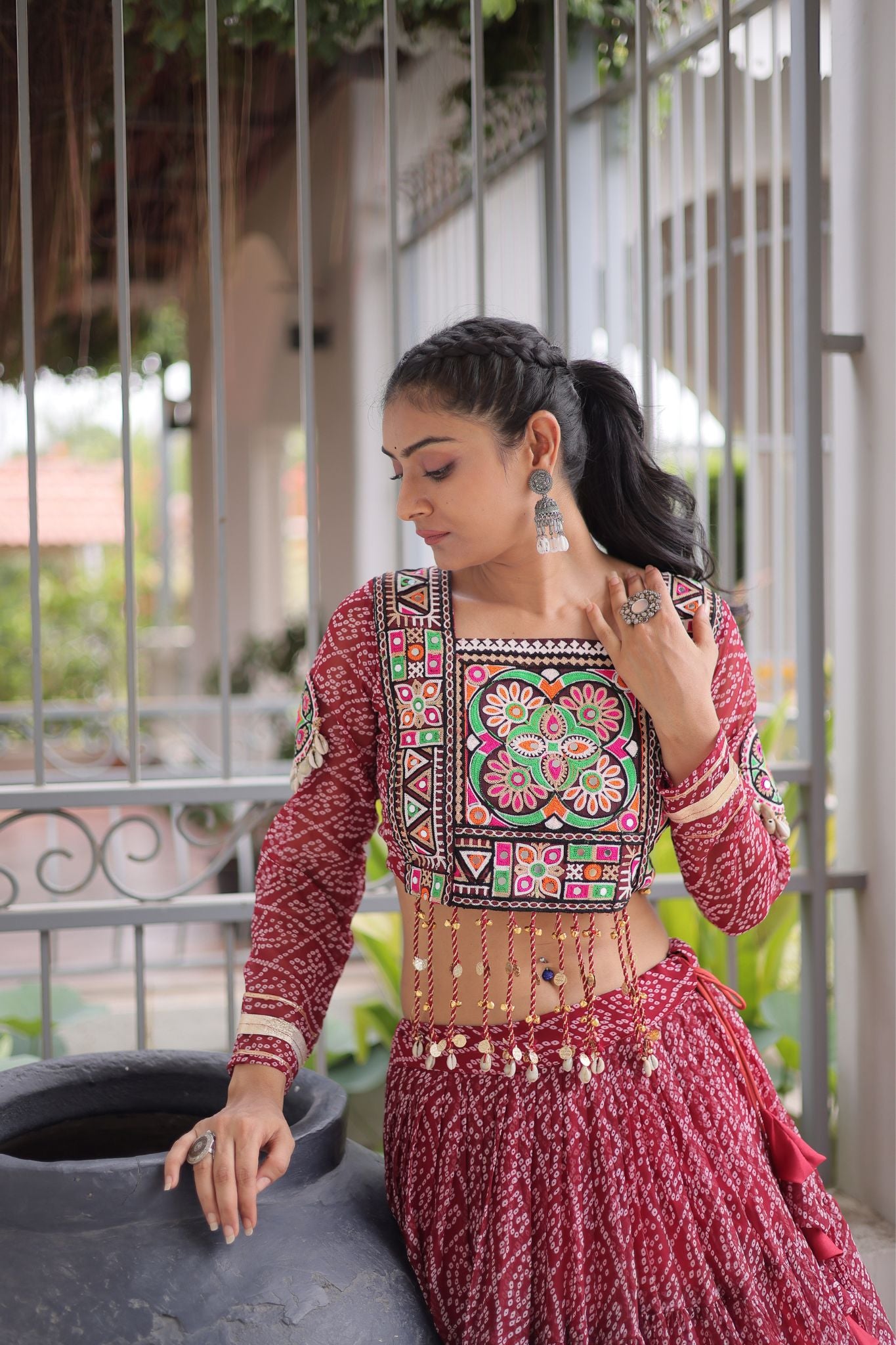 Raasrang Navratri Special Bandhani Print Lehenga Choli for Women with Kutchi Patchwork