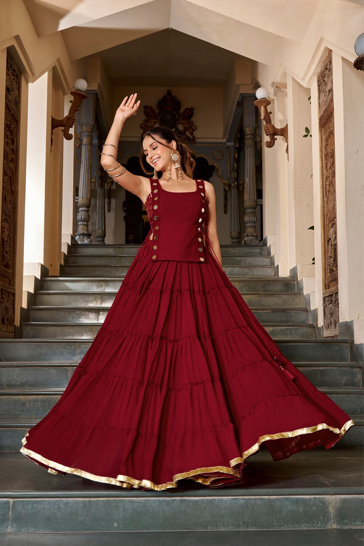 14 Meter Full Gher Navratri Showstopper Lehenga Choli With Mirror Koti