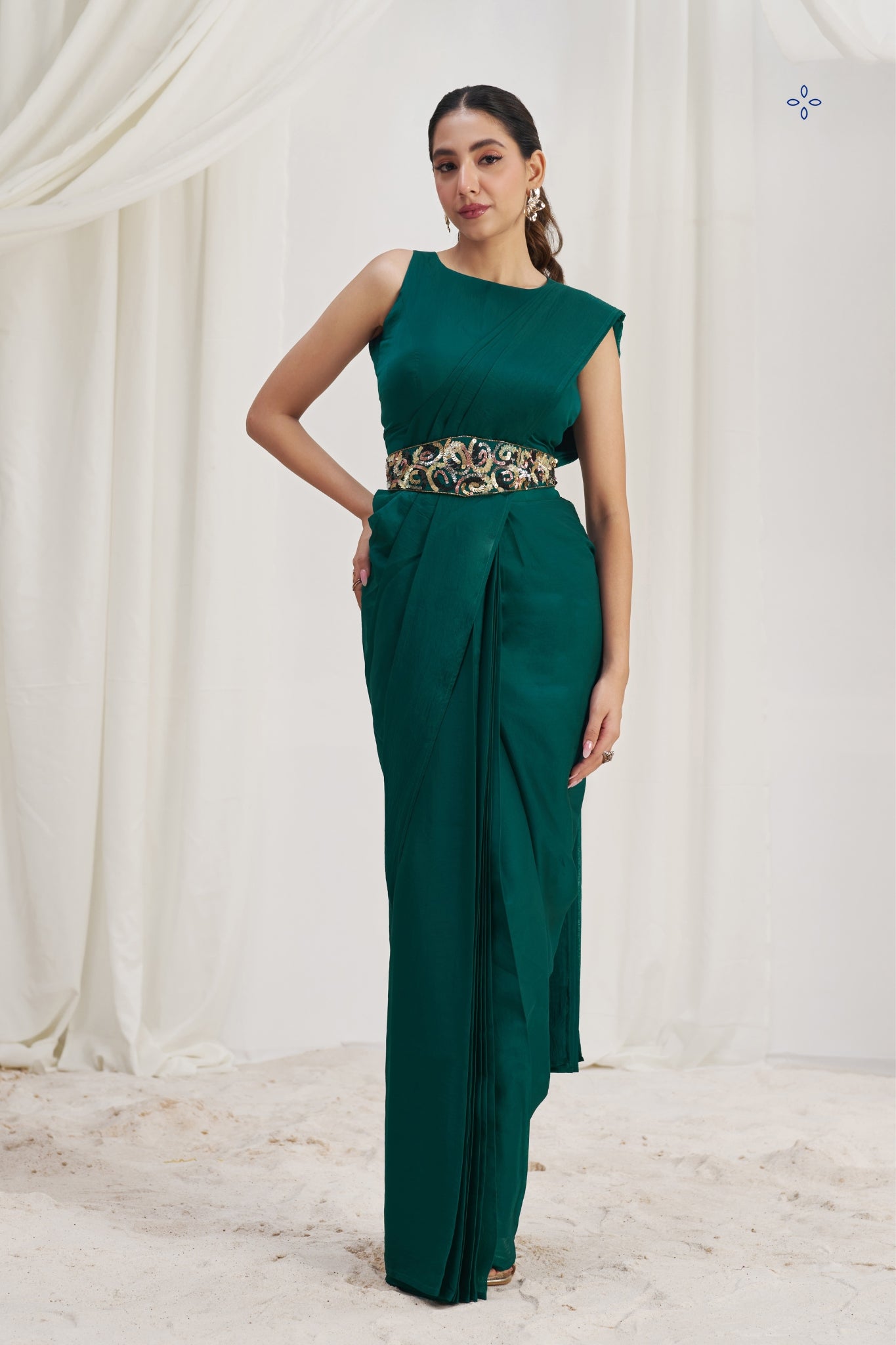 Teal Green Royale Luxe Organza Saree With Signature Embellished Belt