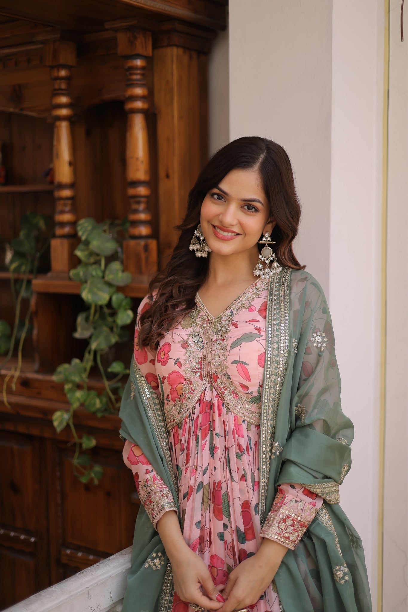 Designer Zari Sequins Embroidery With Printed Russian Silk Anarkali Suit