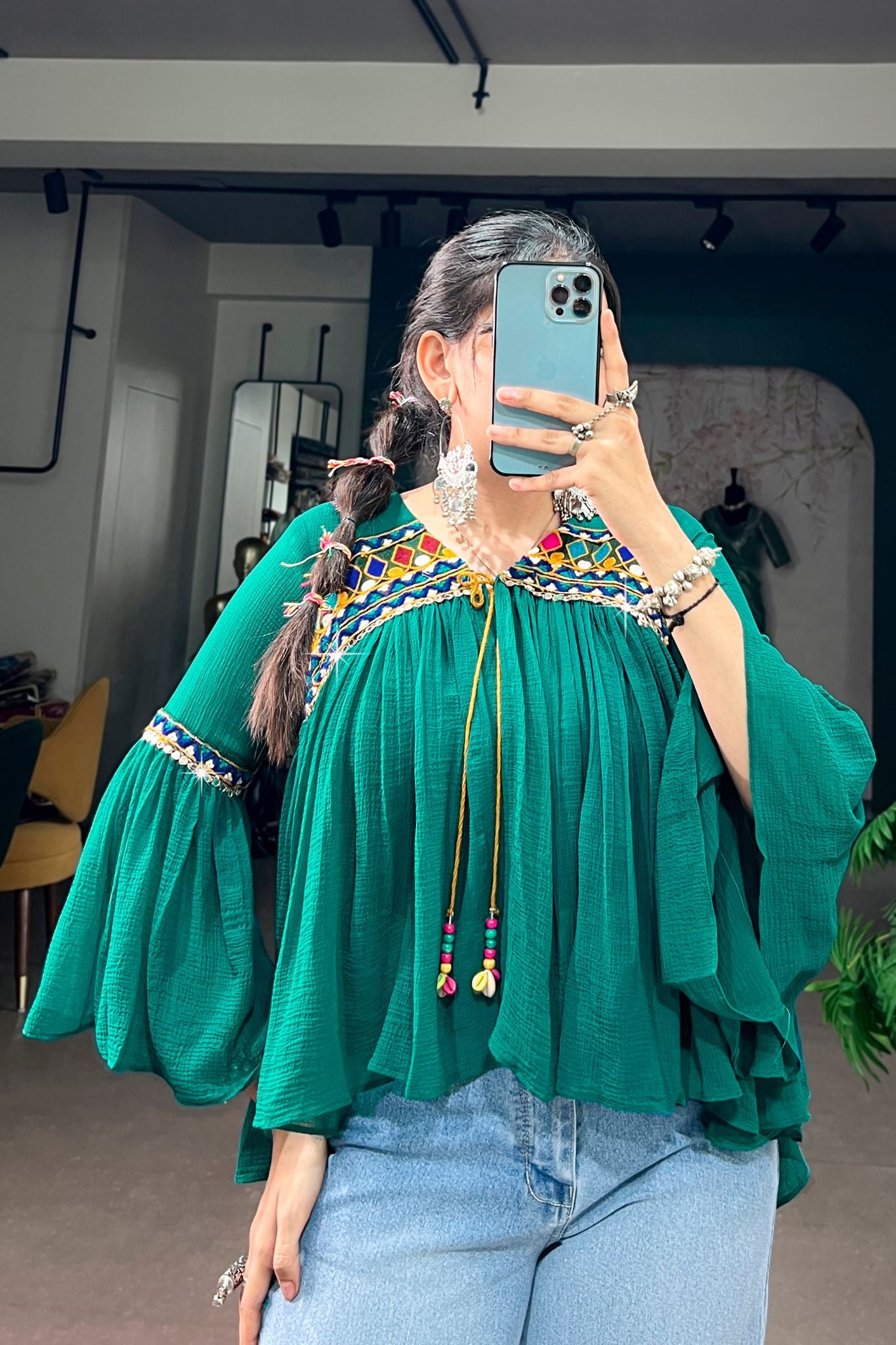 Raasrang Women's Emerald Green Navratri Designer Garba Glam Top