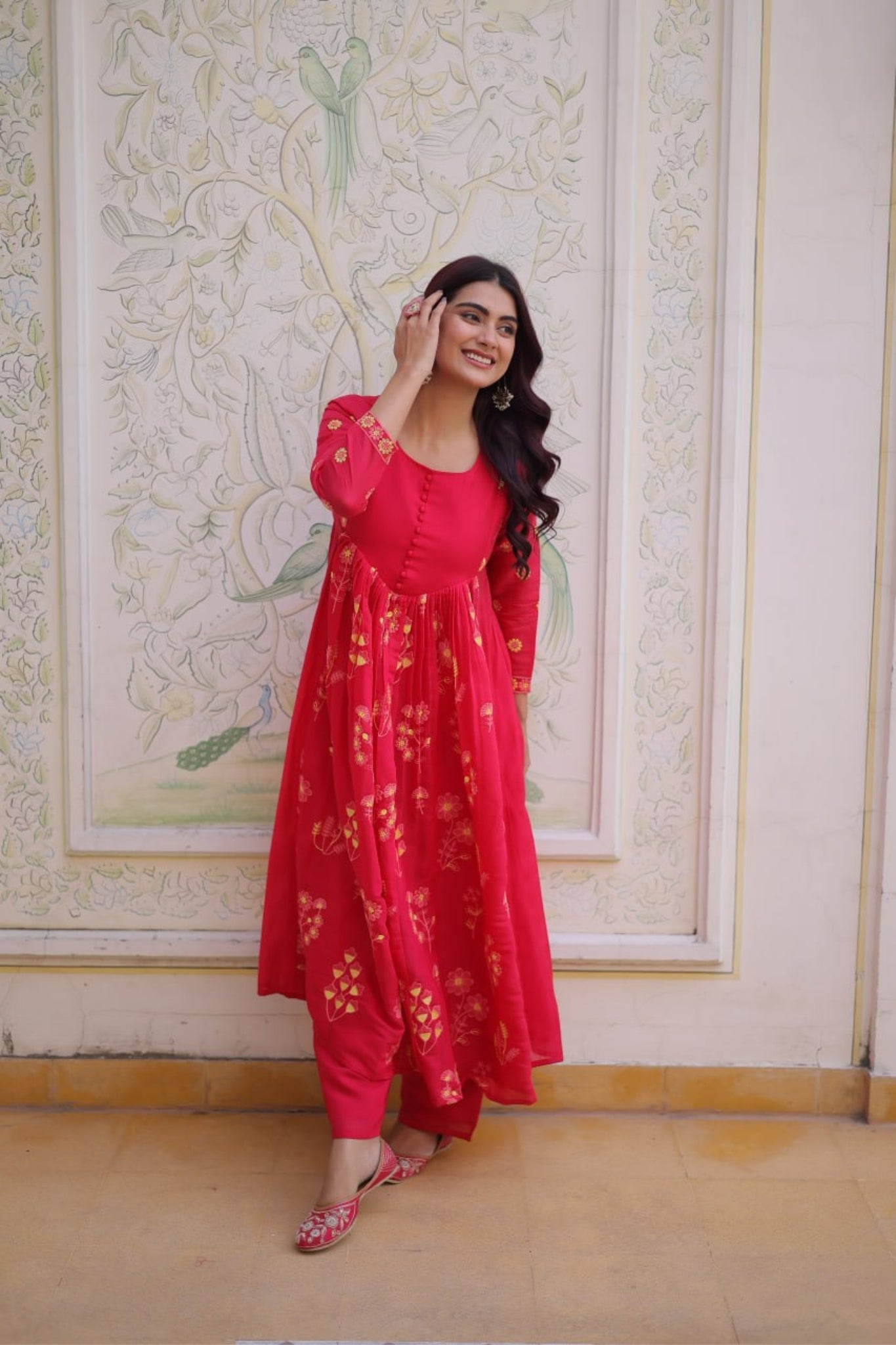 Mal Chanderi Embroidered Anarkali Kurta Pant Set For Women