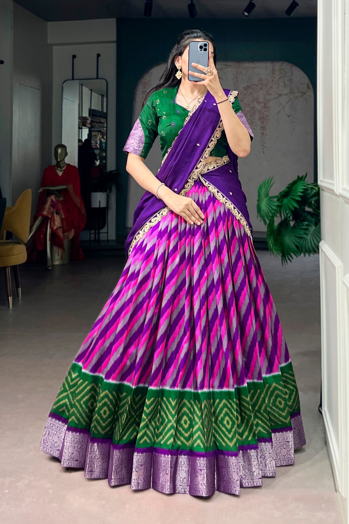 Designer Tasar Silk Leheriya Print Lehenga Choli