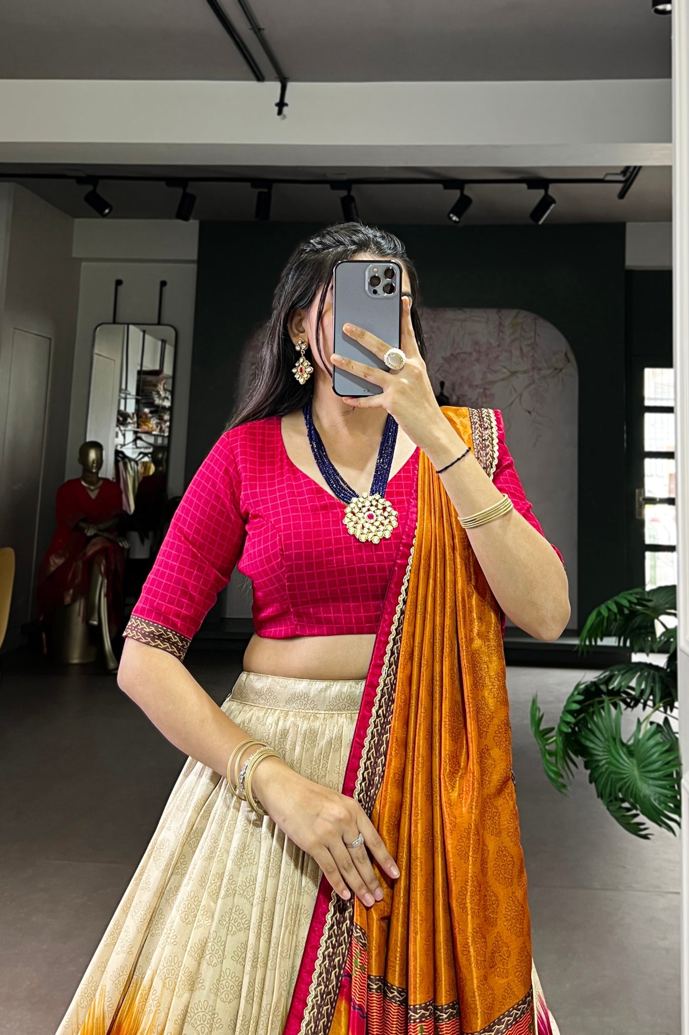 Tasar Silk Tie Dye Lehenga Set With Printed Dupatta And Chex Blouse