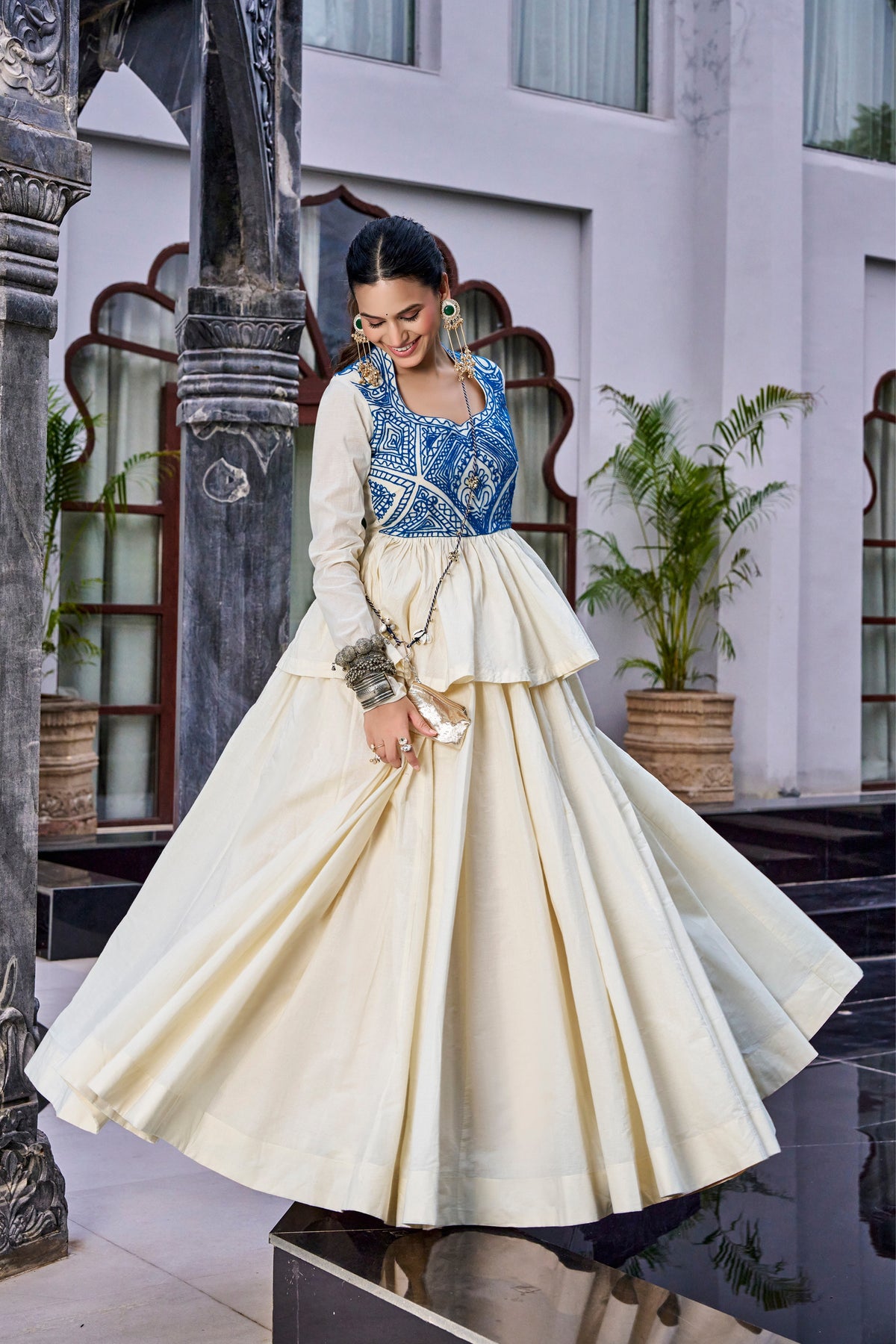 Ivory Pure Cotton Kashida Work Lehenga Choli With Blue Yoke And Purse