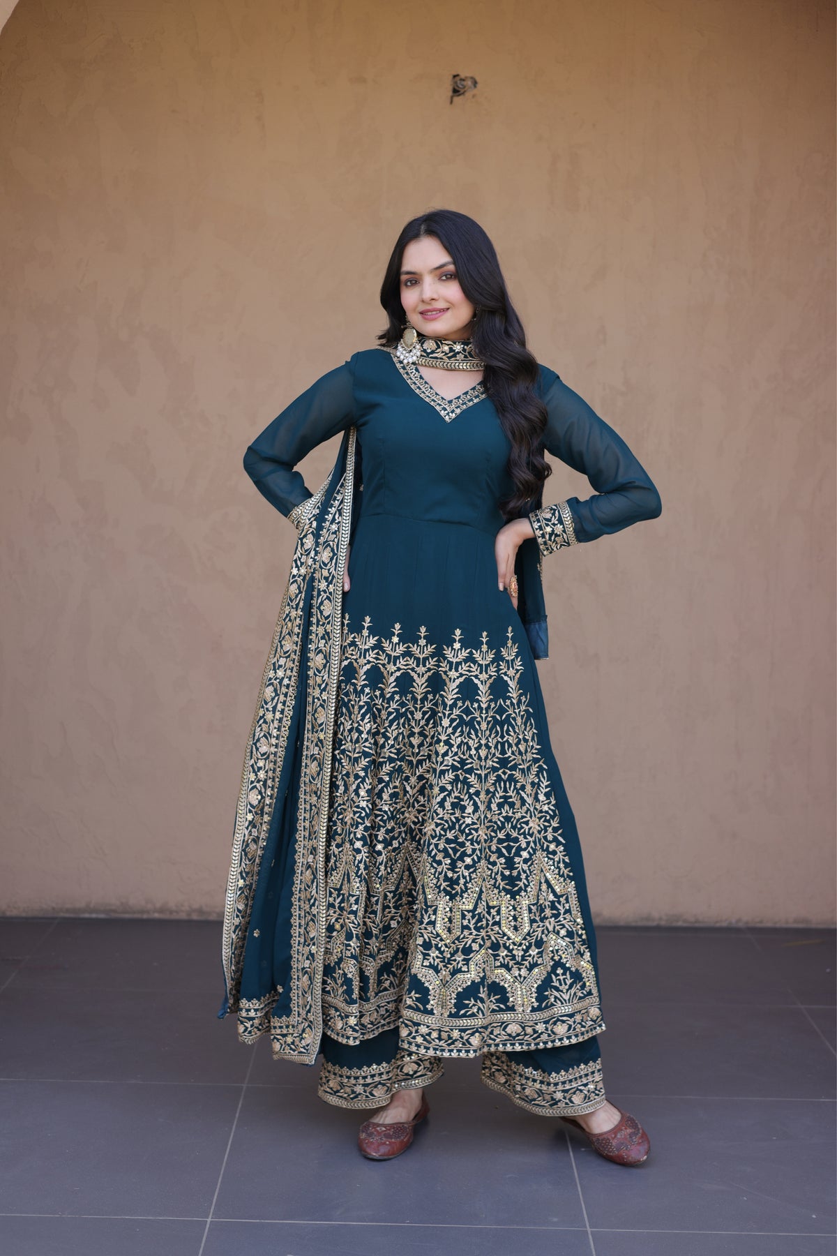 Designer Multi-Sequins Embroidered Anarkali Gown Set With Pant & Dupatta