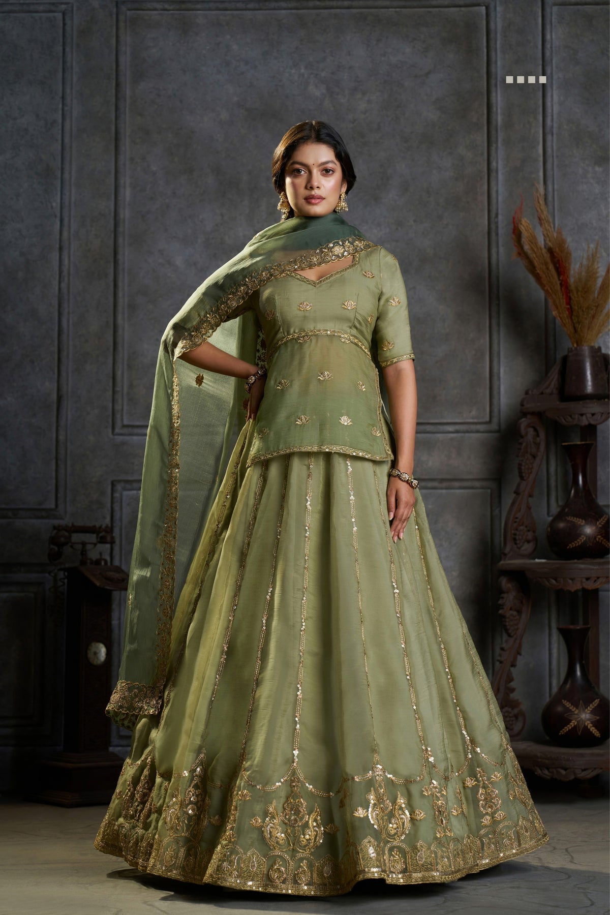 Pure Organza Embroidered Designer Sage Green Wedding & Festive Lehenga Choli With Sequin Work Dupatta
