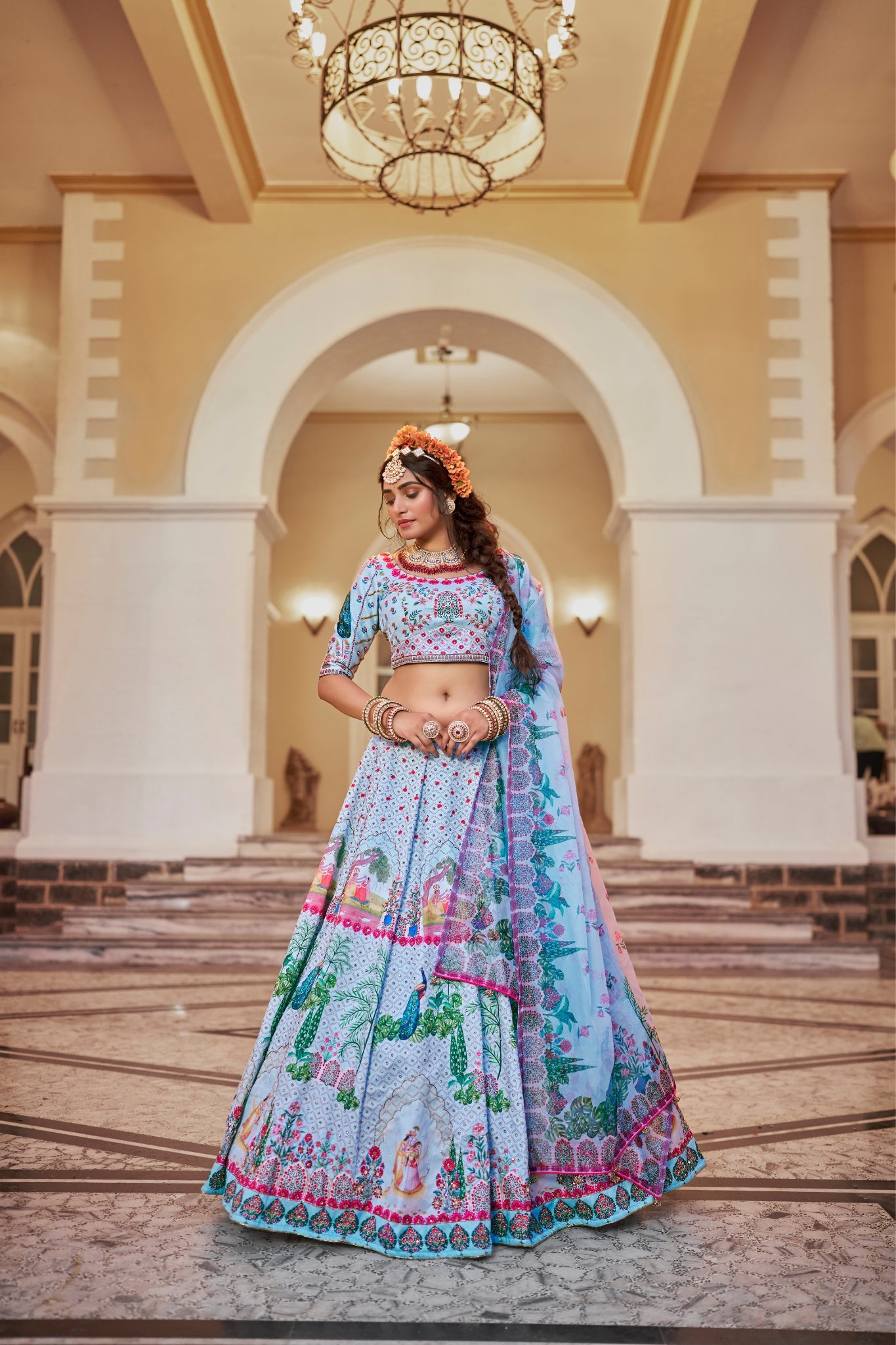 Elegant Powder Blue Art Silk Heritage Lehenga Set
